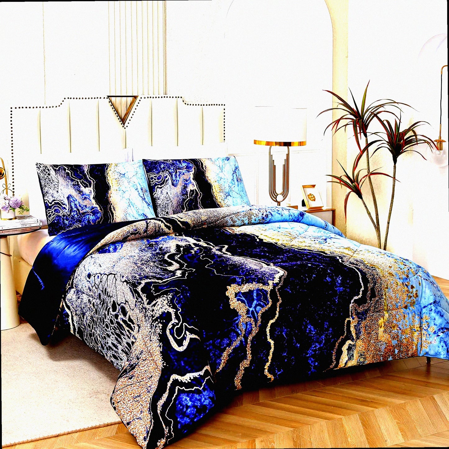 Volcanic Blue Marble Comforter Set - Queen Size 3 Pieces - Ultra Soft Microfiber Quilt - All Seasons - Watercolor Pattern Design - Silkly - Pillowcases