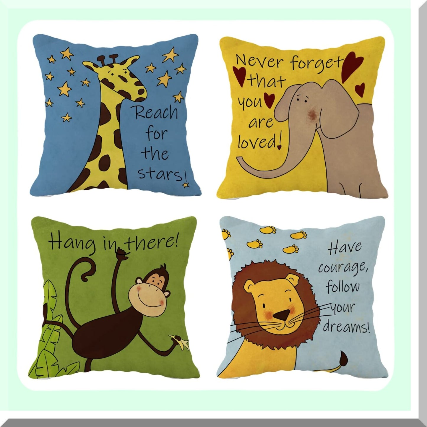 Animal Kingdom Inspirations Throw Pillow Set - Cute Giraffe Elephant Monkey Decorative Covers 18"x18" (Set of 4) for Kids Room Nursery Playroom. Perfect Gifts for Kids, Toddlers, and Teens.