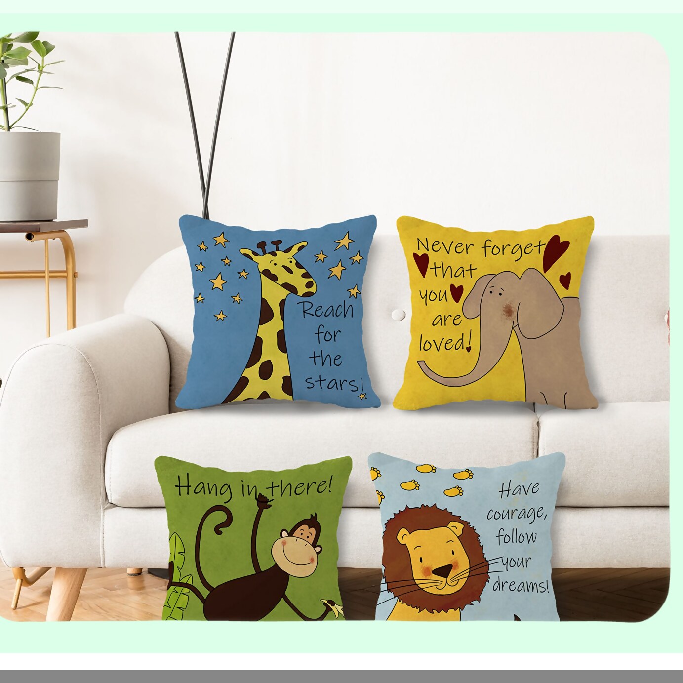 Animal Kingdom Inspirations Throw Pillow Set - Cute Giraffe Elephant Monkey Decorative Covers 18"x18" (Set of 4) for Kids Room Nursery Playroom. Perfect Gifts for Kids, Toddlers, and Teens.