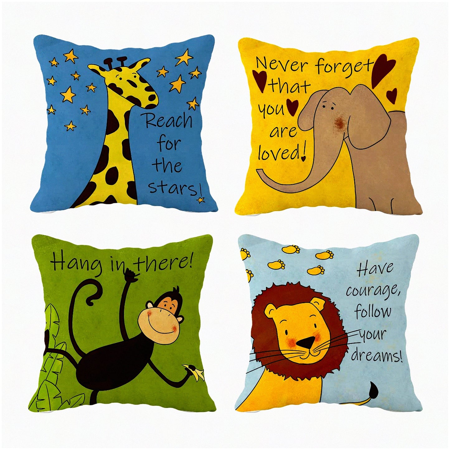 Animal Kingdom Inspirations Throw Pillow Set - Cute Giraffe Elephant Monkey Decorative Covers 18"x18" (Set of 4) for Kids Room Nursery Playroom. Perfect Gifts for Kids, Toddlers, and Teens.