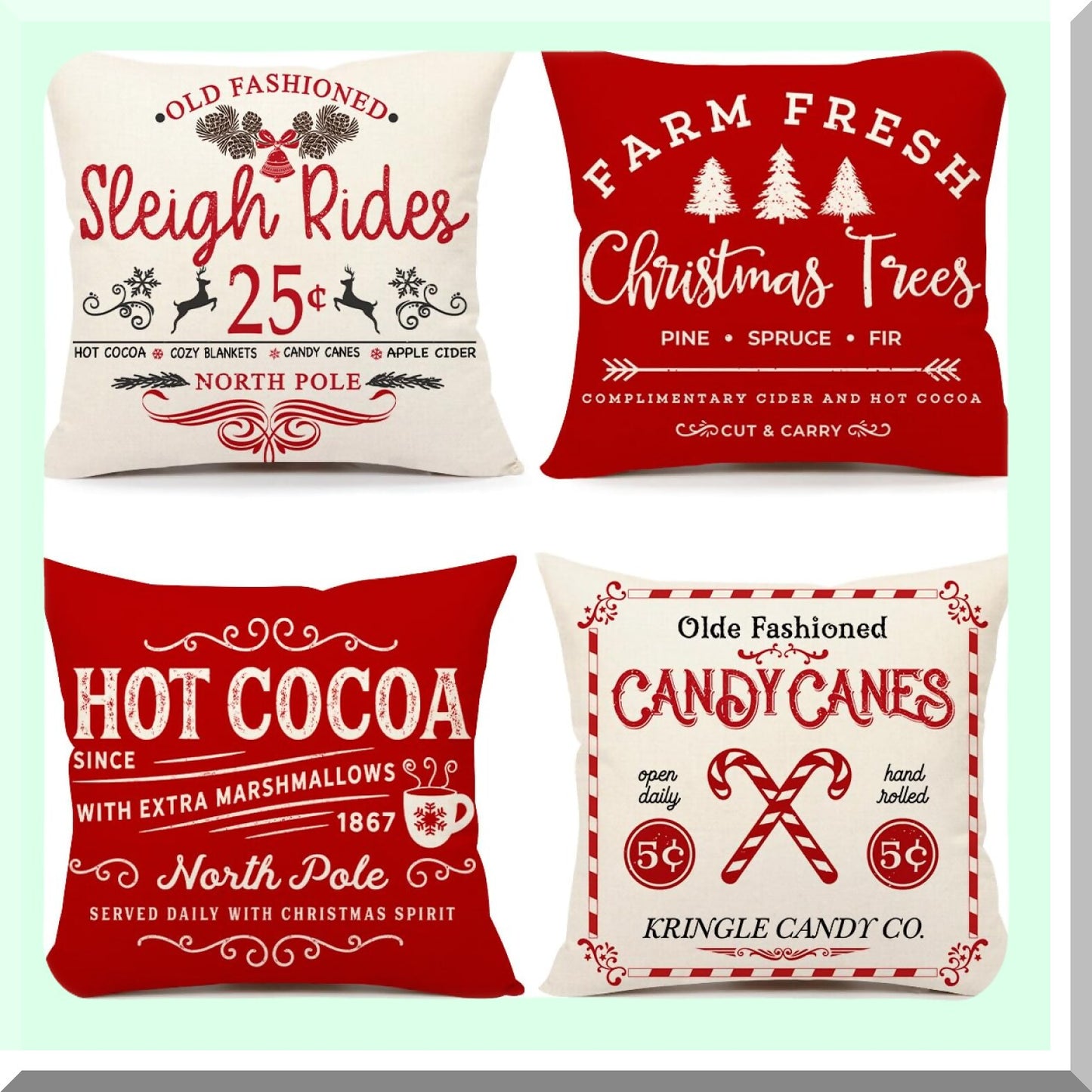 Winter Wonderland Farmhouse Pillow Covers - Set of 4 Xmas Red White Rustic Throw Cushion Case for Sofa Couch Home Decor - Sleigh Rides, Farm Fresh Tree, Cocoa, Candy Canes - 16x16