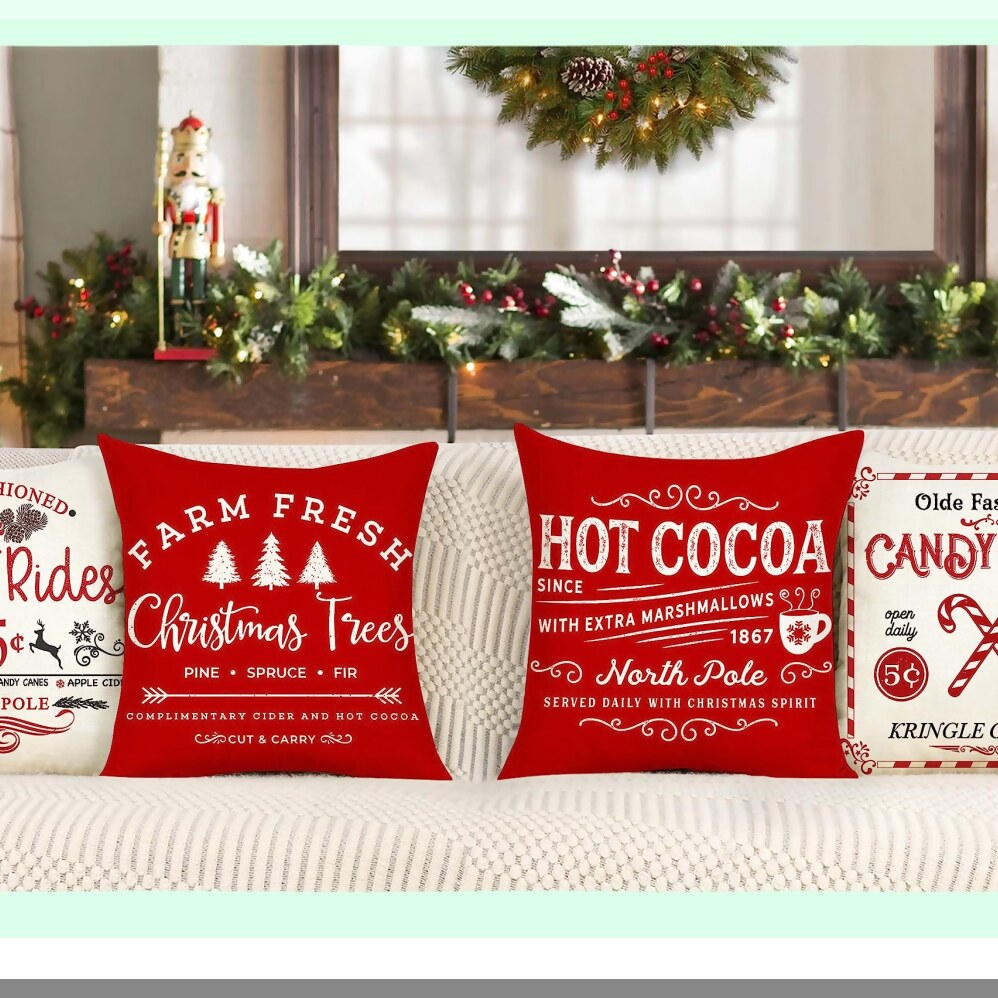 Winter Wonderland Farmhouse Pillow Covers - Set of 4 Xmas Red White Rustic Throw Cushion Case for Sofa Couch Home Decor - Sleigh Rides, Farm Fresh Tree, Cocoa, Candy Canes - 16x16
