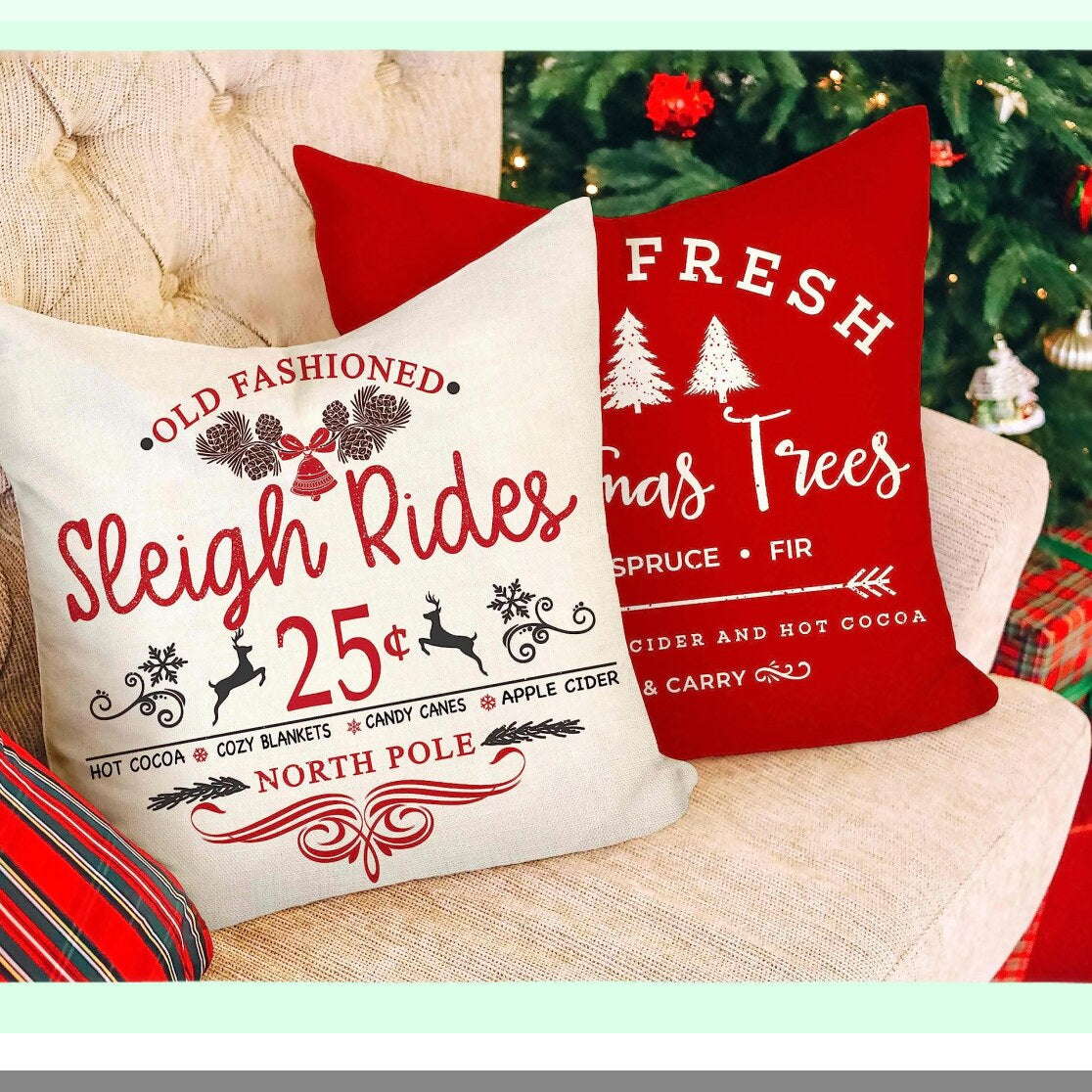 Winter Wonderland Farmhouse Pillow Covers - Set of 4 Xmas Red White Rustic Throw Cushion Case for Sofa Couch Home Decor - Sleigh Rides, Farm Fresh Tree, Cocoa, Candy Canes - 16x16