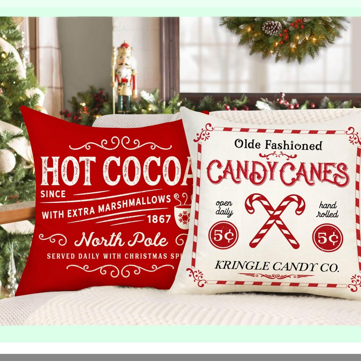 Winter Wonderland Farmhouse Pillow Covers - Set of 4 Xmas Red White Rustic Throw Cushion Case for Sofa Couch Home Decor - Sleigh Rides, Farm Fresh Tree, Cocoa, Candy Canes - 16x16