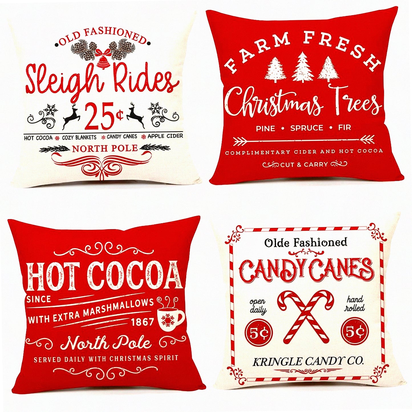 Winter Wonderland Farmhouse Pillow Covers - Set of 4 Xmas Red White Rustic Throw Cushion Case for Sofa Couch Home Decor - Sleigh Rides, Farm Fresh Tree, Cocoa, Candy Canes - 16x16