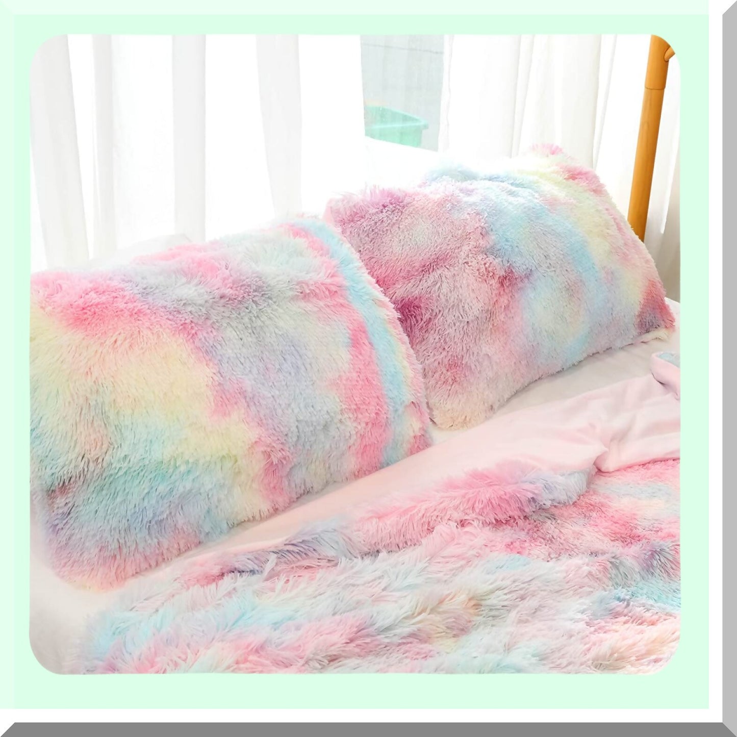 Rainbow Fluffy Shaggy Pillowcase Set - Soft Decorative Throw Pillow Covers - Cute Girls Pillow Shams - Zipper Closure - Standard/Queen Size - 2 Pack