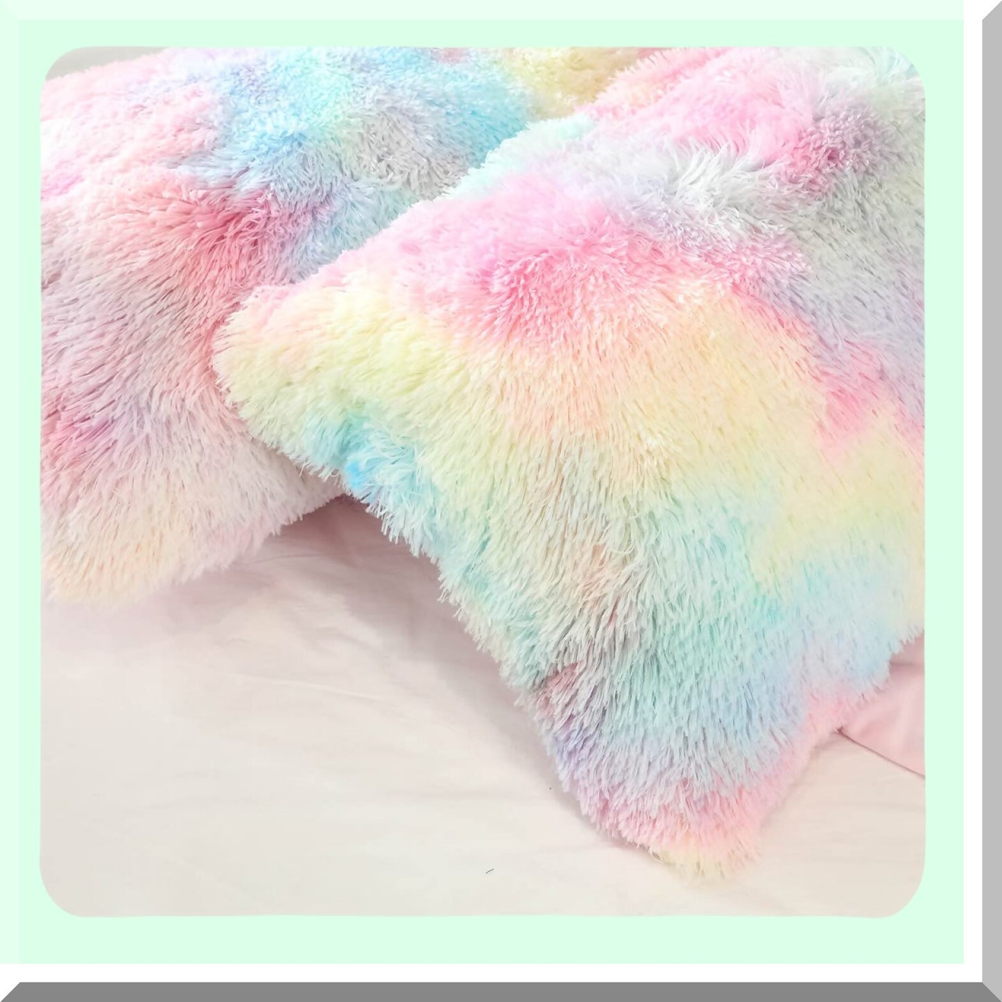 Rainbow Fluffy Shaggy Pillowcase Set - Soft Decorative Throw Pillow Covers - Cute Girls Pillow Shams - Zipper Closure - Standard/Queen Size - 2 Pack