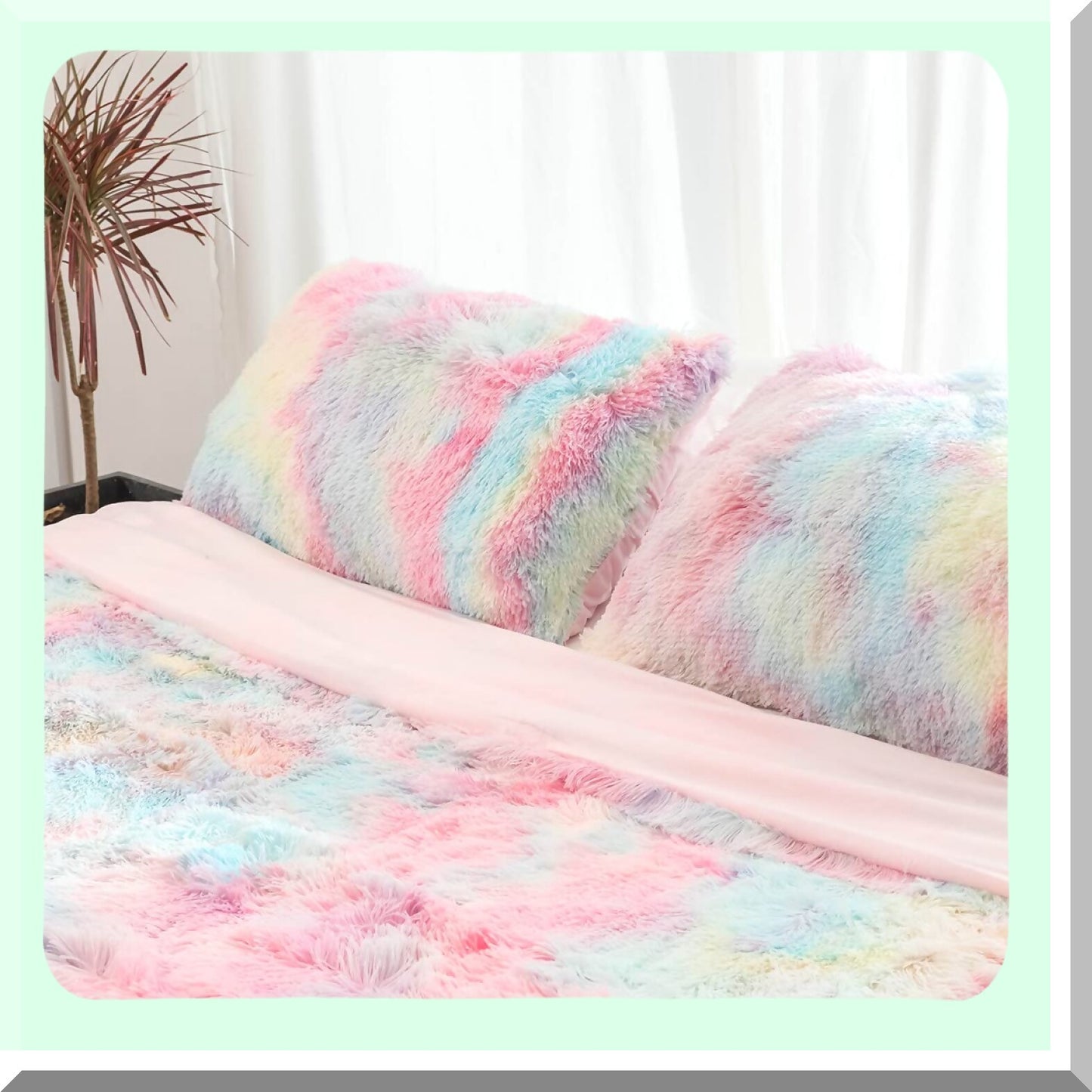 Rainbow Fluffy Shaggy Pillowcase Set - Soft Decorative Throw Pillow Covers - Cute Girls Pillow Shams - Zipper Closure - Standard/Queen Size - 2 Pack