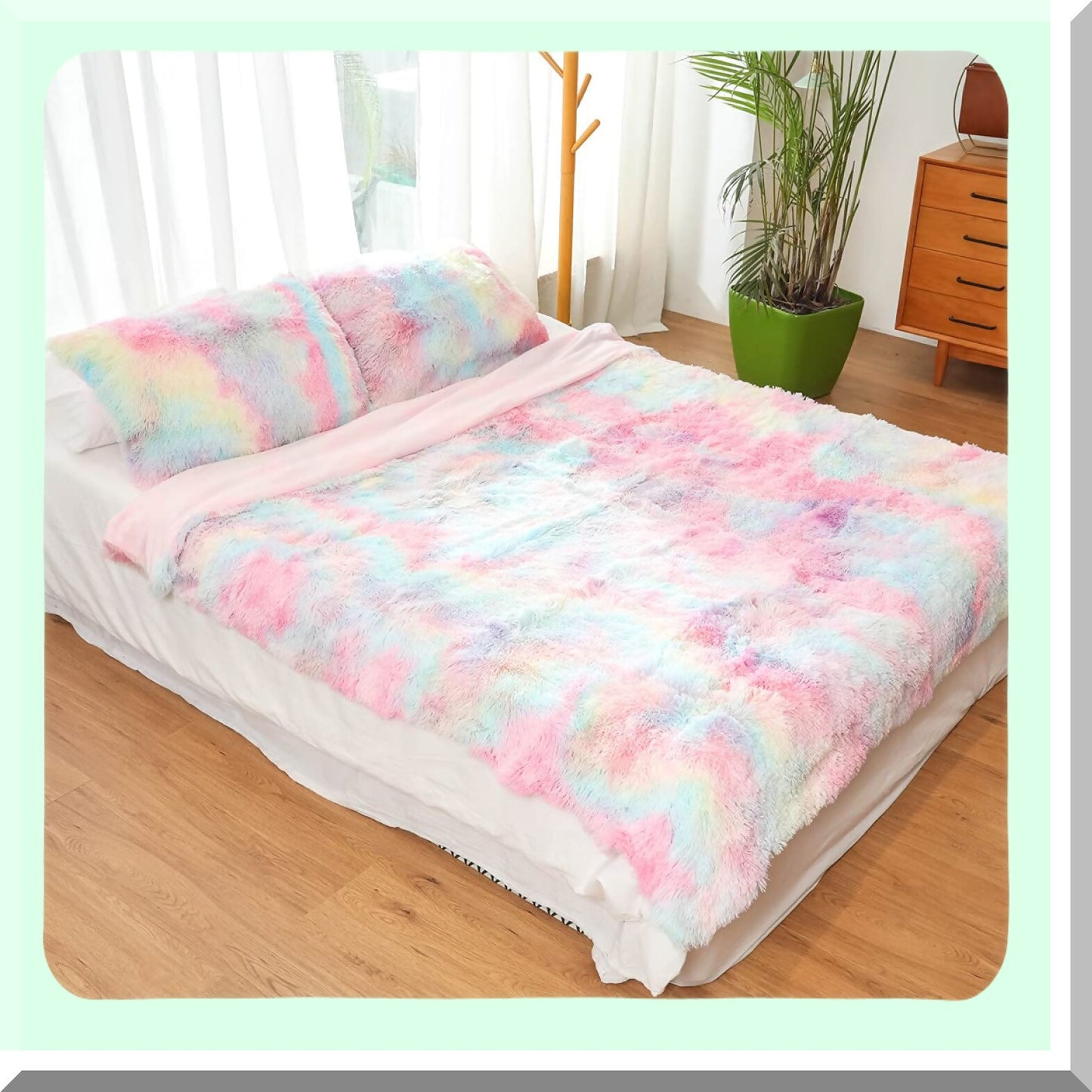 Rainbow Fluffy Shaggy Pillowcase Set - Soft Decorative Throw Pillow Covers - Cute Girls Pillow Shams - Zipper Closure - Standard/Queen Size - 2 Pack