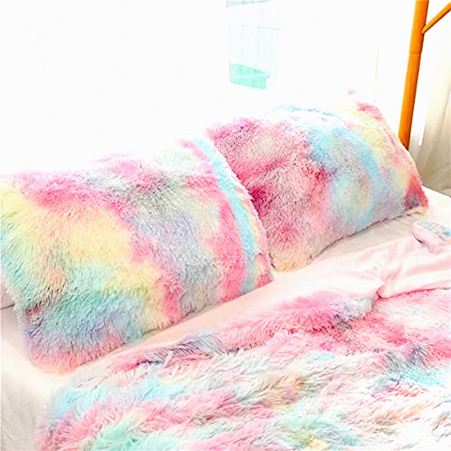 Rainbow Fluffy Shaggy Pillowcase Set - Soft Decorative Throw Pillow Covers - Cute Girls Pillow Shams - Zipper Closure - Standard/Queen Size - 2 Pack