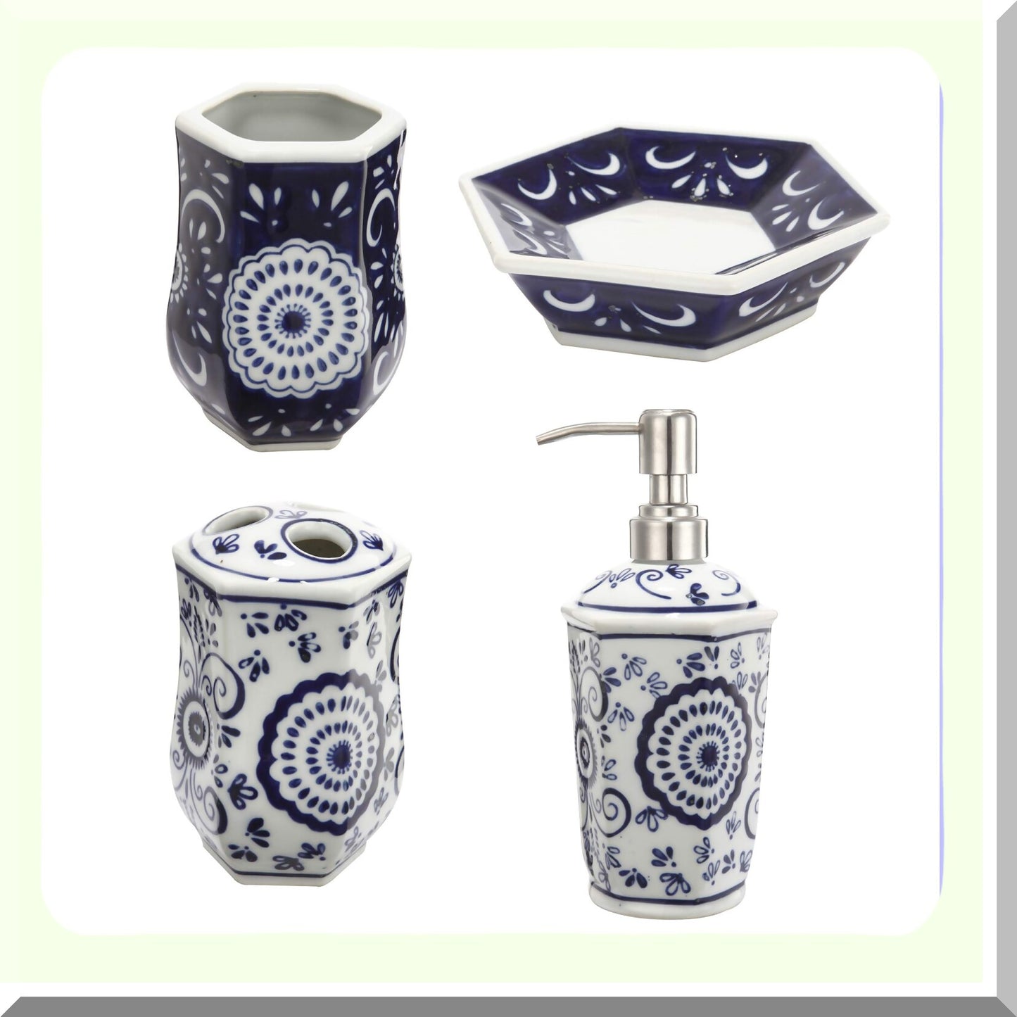 4-Piece Blue and White Ceramic Bathroom Set