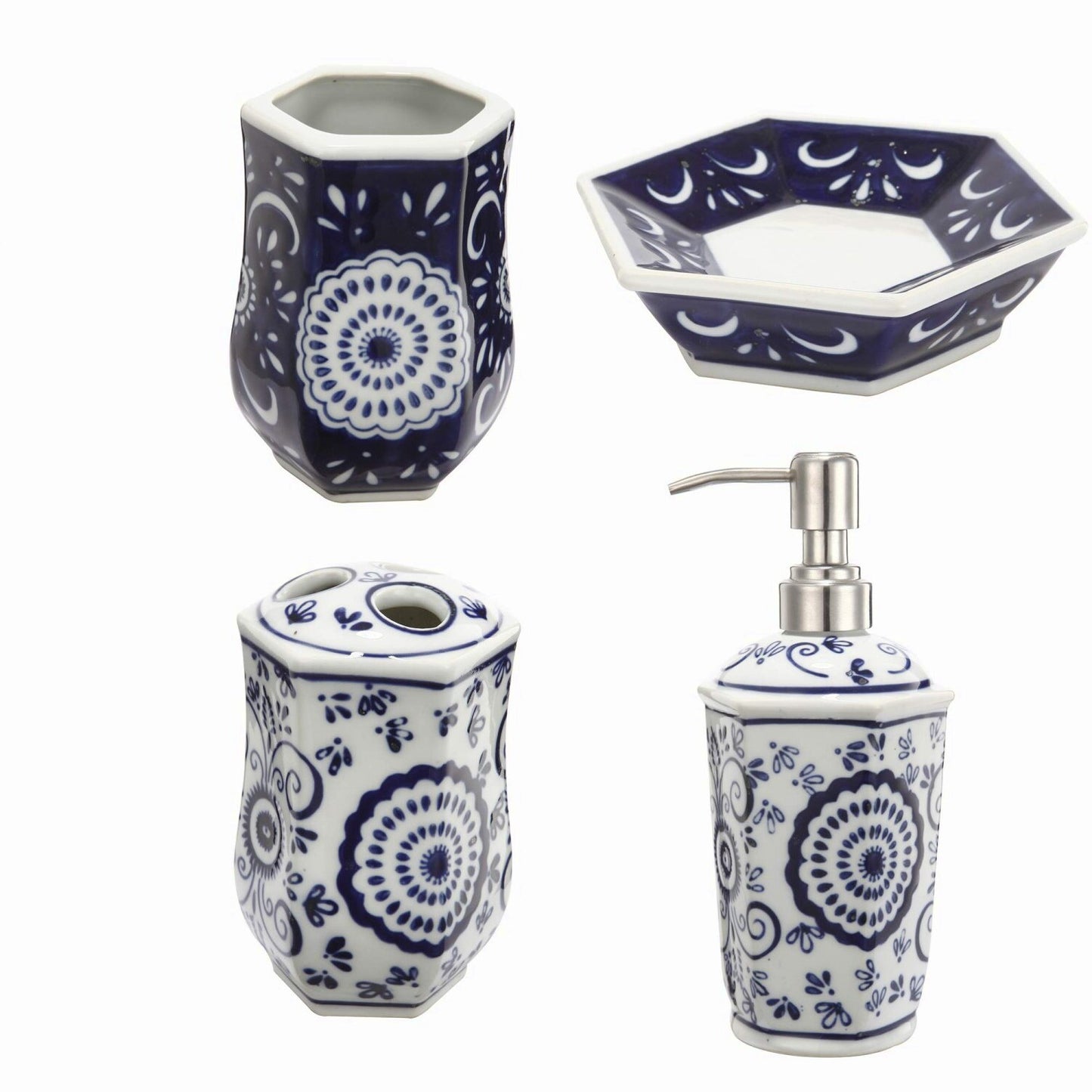 4-Piece Blue and White Ceramic Bathroom Set