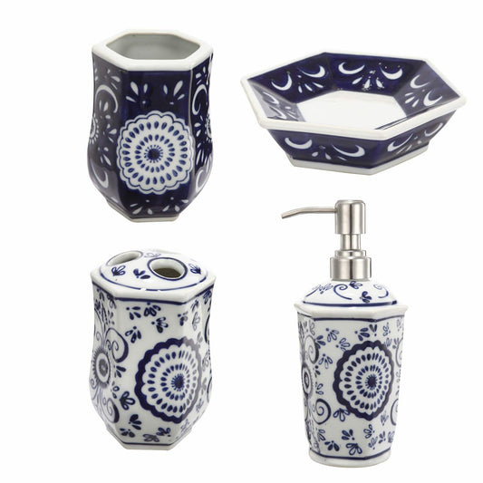 4-Piece Blue and White Ceramic Bathroom Set