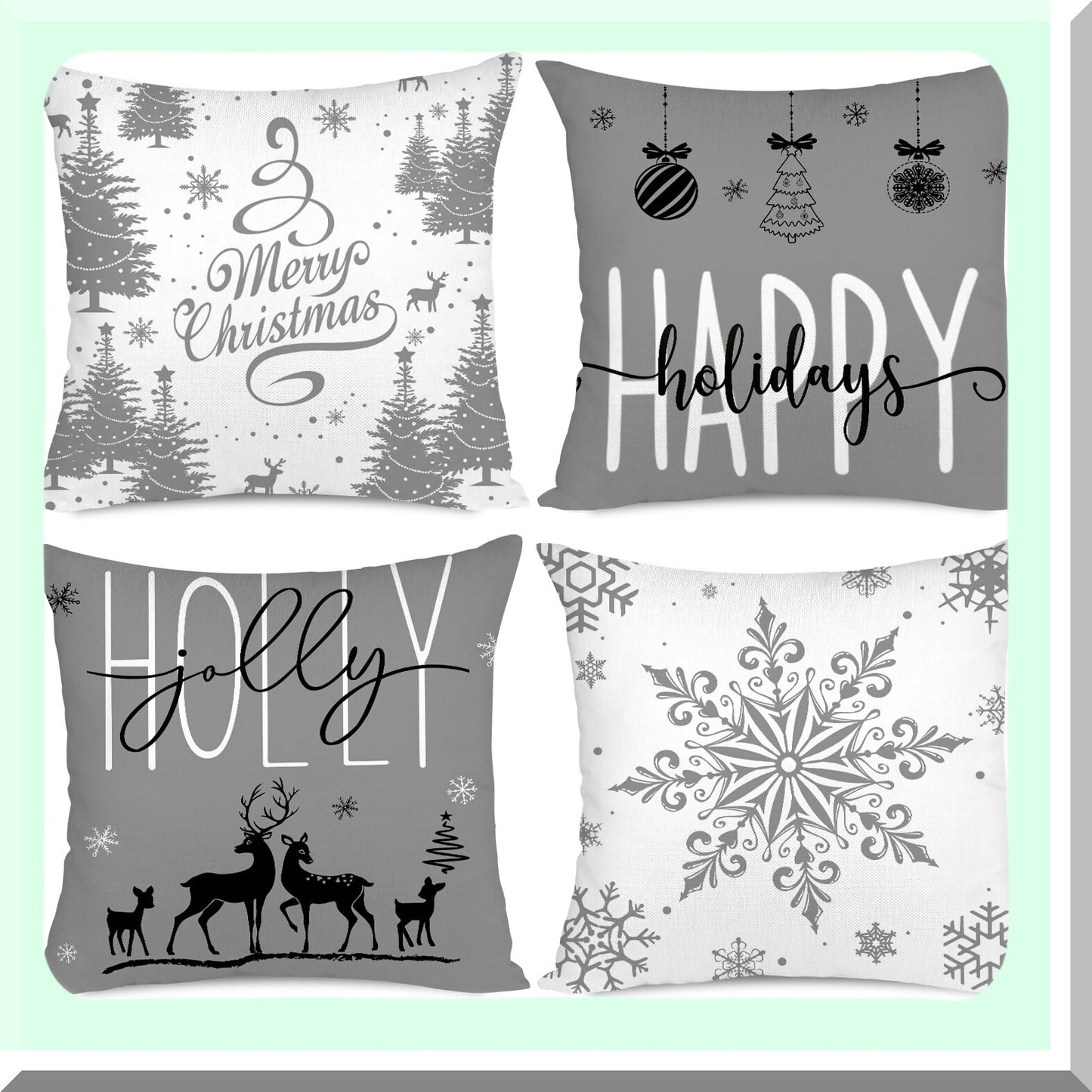 Holiday Farmhouse Snowflake Pillow Covers - Set of 4 Merry Decor Cushion Cases for Couch Sofa 18x18 (Grey) - Happy Holidays Holly Jolly