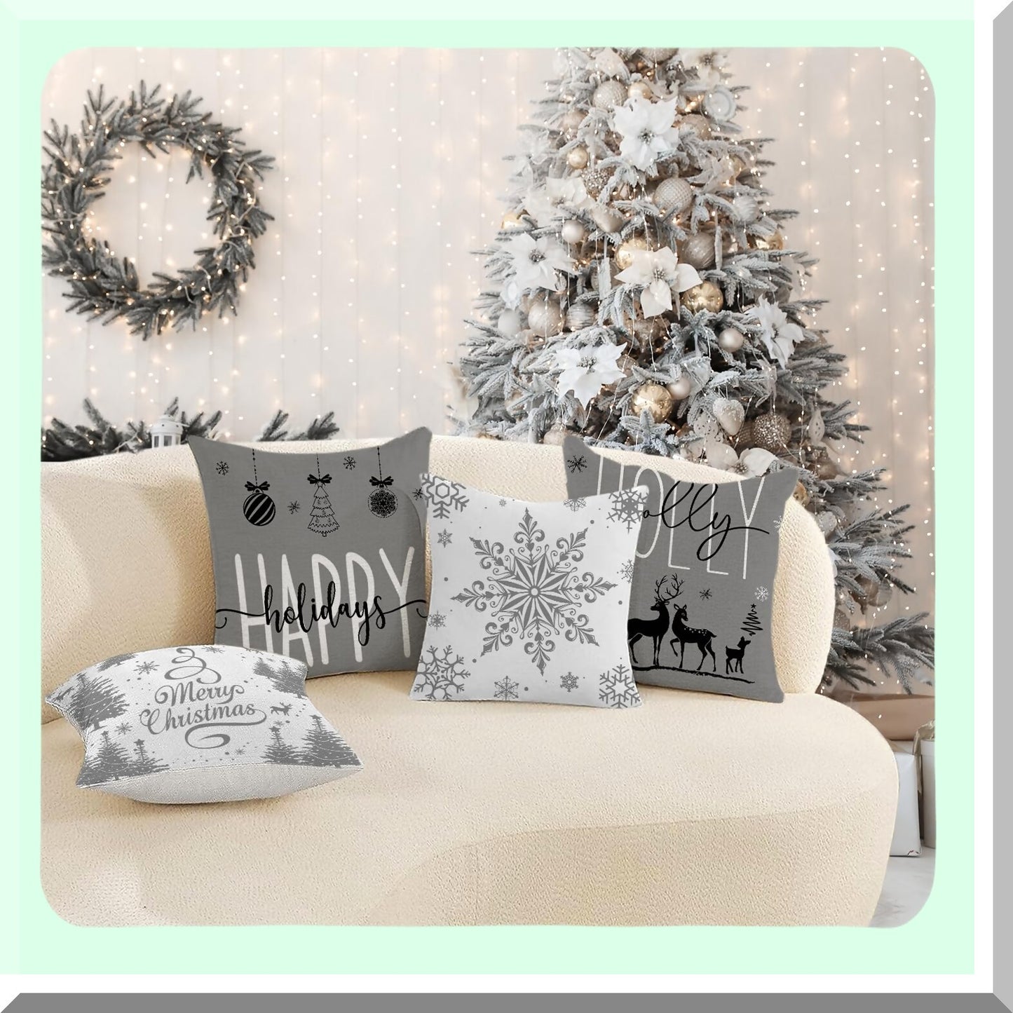 Holiday Farmhouse Snowflake Pillow Covers - Set of 4 Merry Decor Cushion Cases for Couch Sofa 18x18 (Grey) - Happy Holidays Holly Jolly