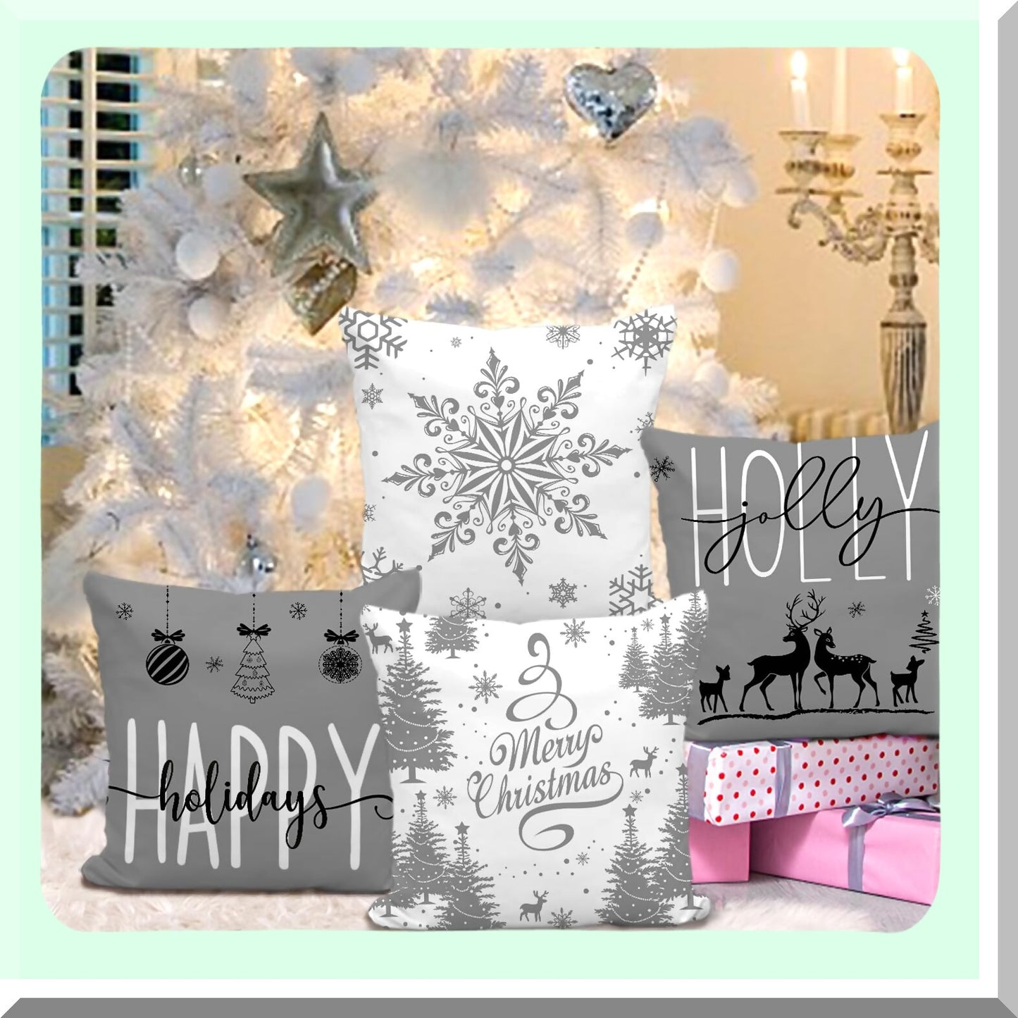 Holiday Farmhouse Snowflake Pillow Covers - Set of 4 Merry Decor Cushion Cases for Couch Sofa 18x18 (Grey) - Happy Holidays Holly Jolly