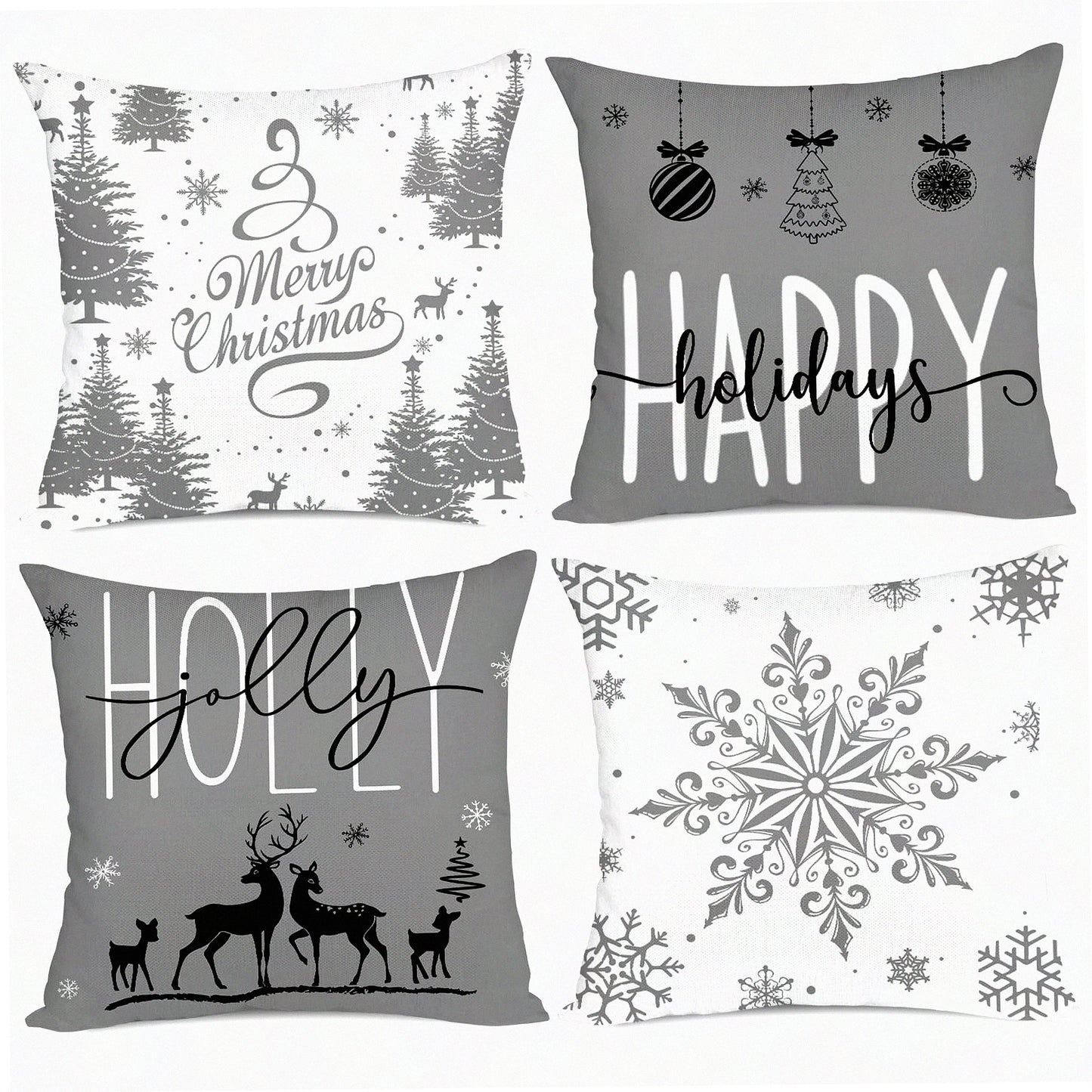 Holiday Farmhouse Snowflake Pillow Covers - Set of 4 Merry Decor Cushion Cases for Couch Sofa 18x18 (Grey) - Happy Holidays Holly Jolly