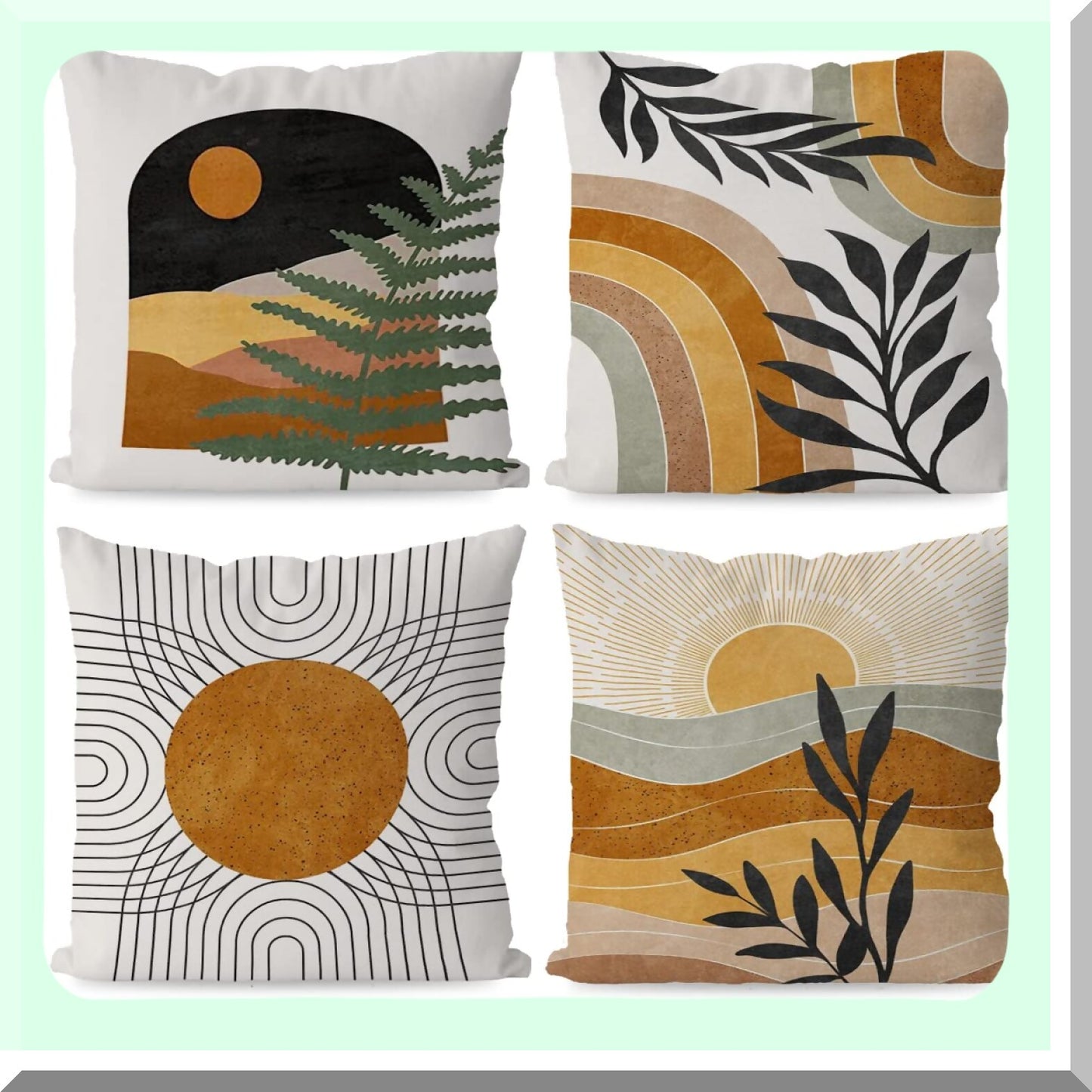 Sunset Botanical Mountain Pillow Covers - Set of 4 | Boho Nature Landscape Throw Pillow Cases for Home Bedroom Decor - Ideal Gifts for Women and Girls