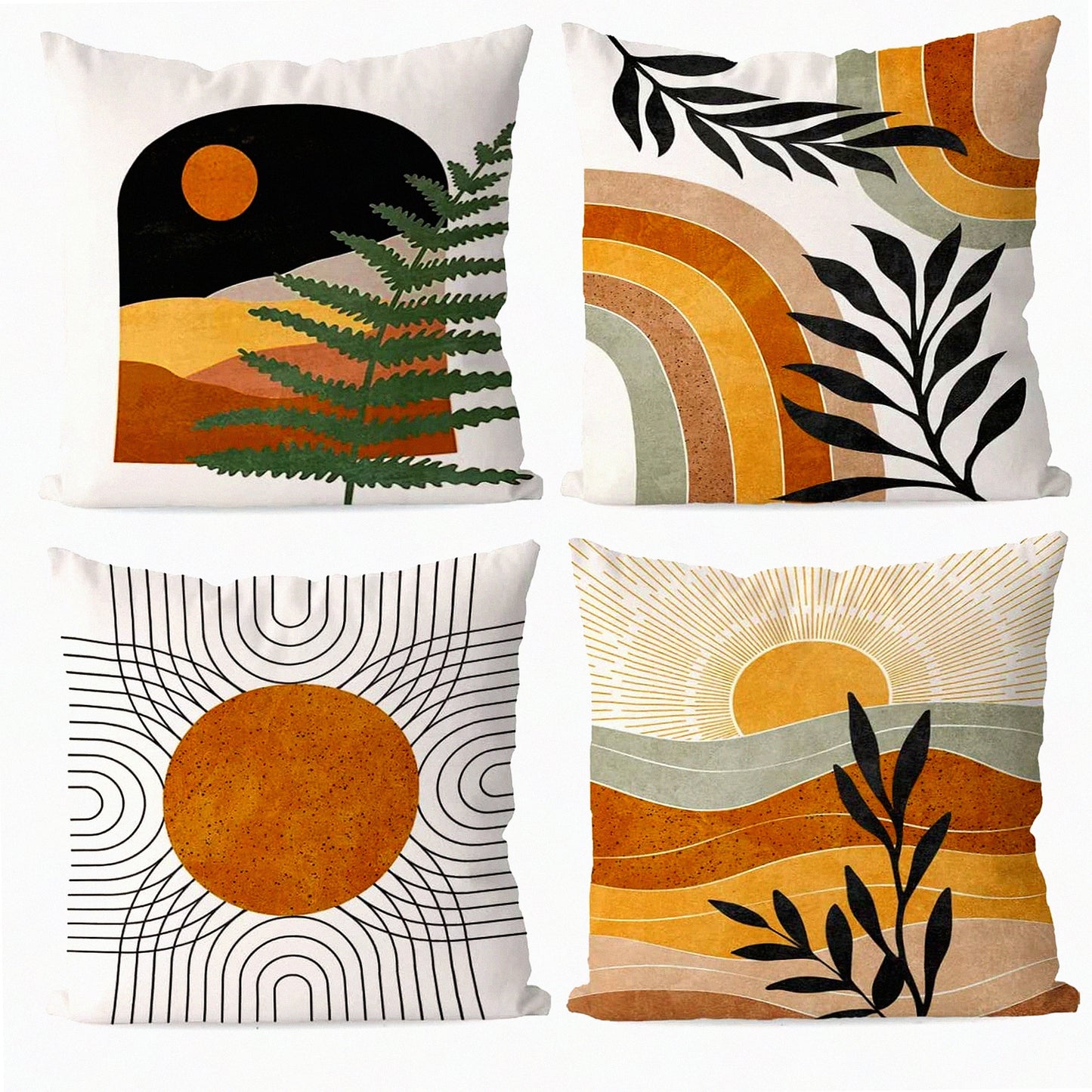 Sunset Botanical Mountain Pillow Covers - Set of 4 | Boho Nature Landscape Throw Pillow Cases for Home Bedroom Decor - Ideal Gifts for Women and Girls
