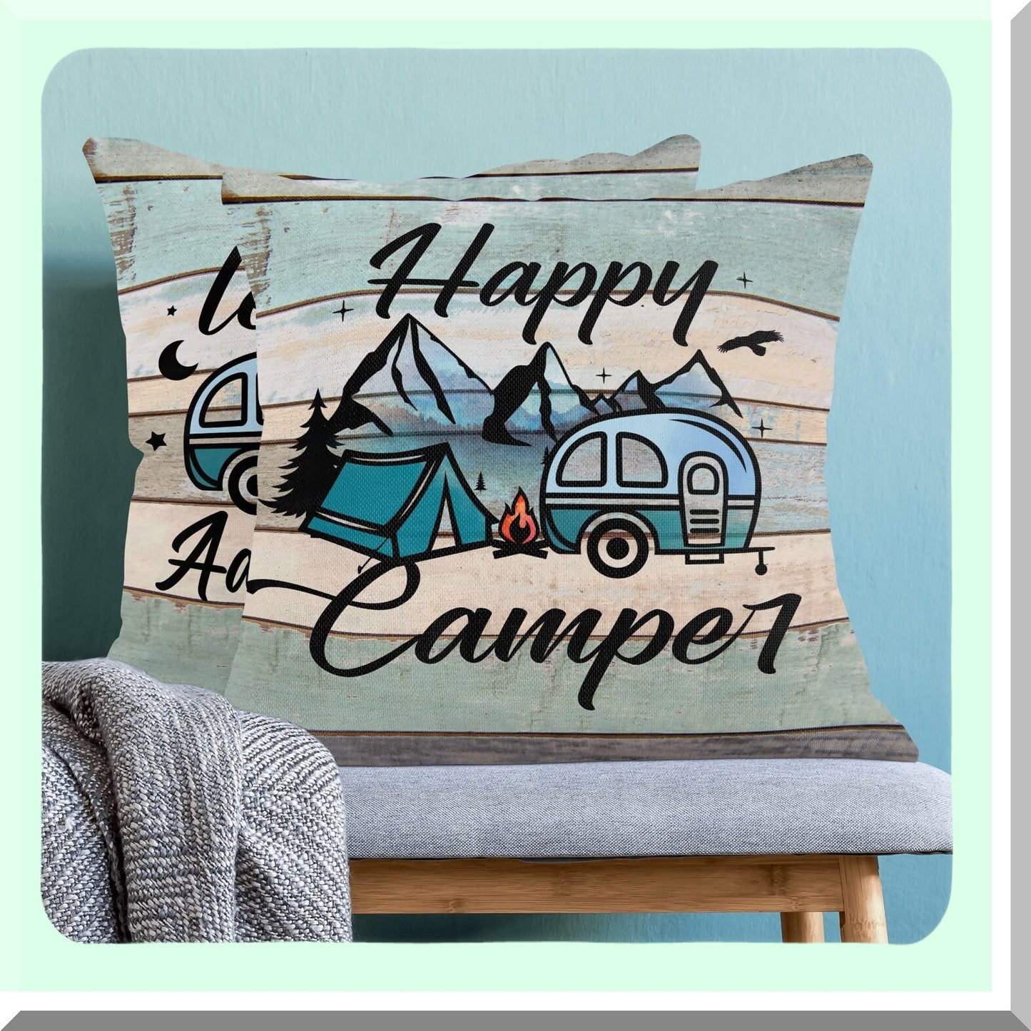 Vintage Camper Adventure Pillowcase Set - Decorative Camping Pillow Covers for Outdoor Travel - RV Couch Living Room Decor - Happy Camper Gifts