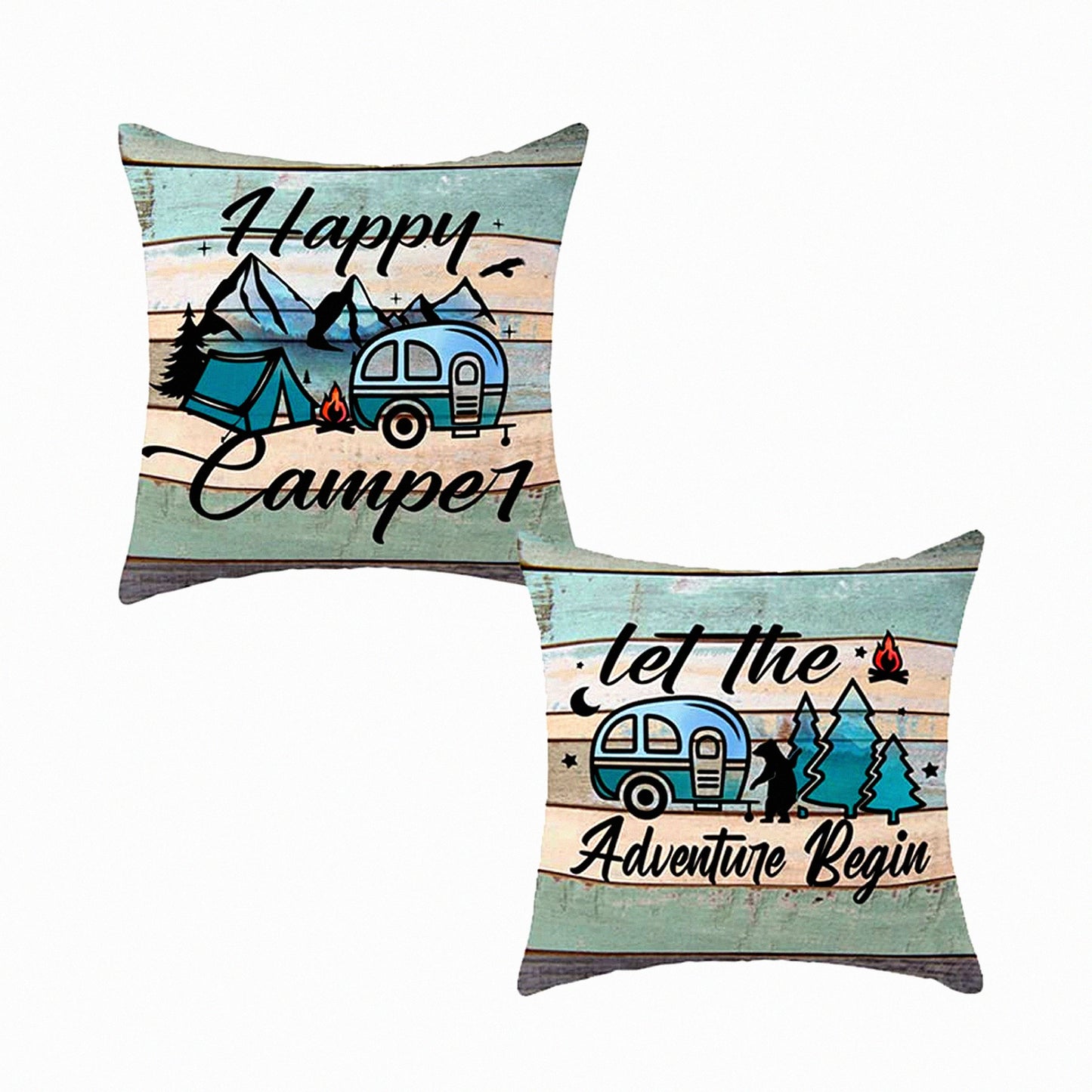 Vintage Camper Adventure Pillowcase Set - Decorative Camping Pillow Covers for Outdoor Travel - RV Couch Living Room Decor - Happy Camper Gifts