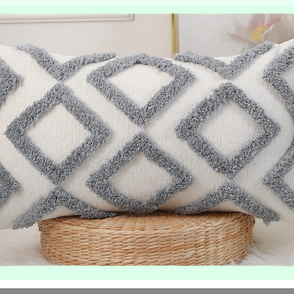 Chenille Diamond Lumbar Pillow Cover - Modern Boho Grey 12x24 - Plush Decorative Cushion Case for Sofa Couch Bed Livingroom Farmhouse