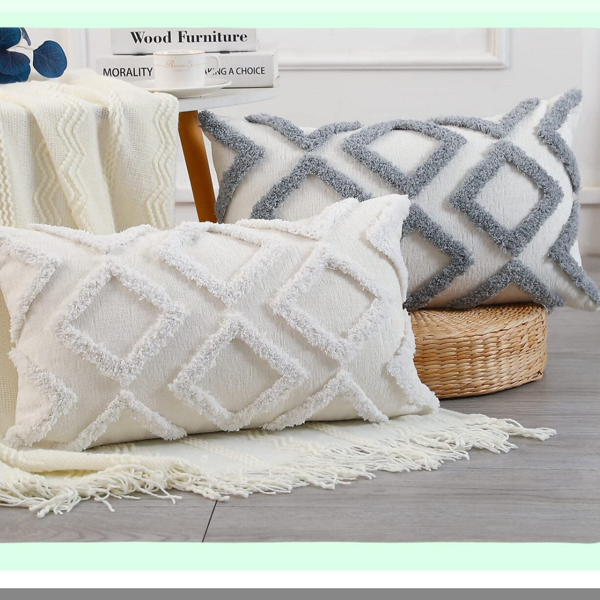 Chenille Diamond Lumbar Pillow Cover - Modern Boho Grey 12x24 - Plush Decorative Cushion Case for Sofa Couch Bed Livingroom Farmhouse