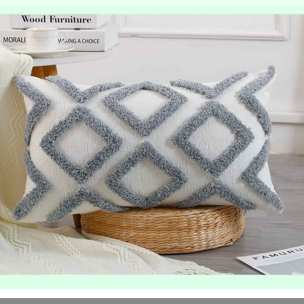 Chenille Diamond Lumbar Pillow Cover - Modern Boho Grey 12x24 - Plush Decorative Cushion Case for Sofa Couch Bed Livingroom Farmhouse