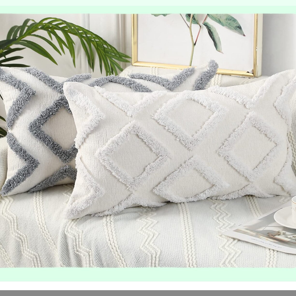 Chenille Diamond Lumbar Pillow Cover - Modern Boho Grey 12x24 - Plush Decorative Cushion Case for Sofa Couch Bed Livingroom Farmhouse