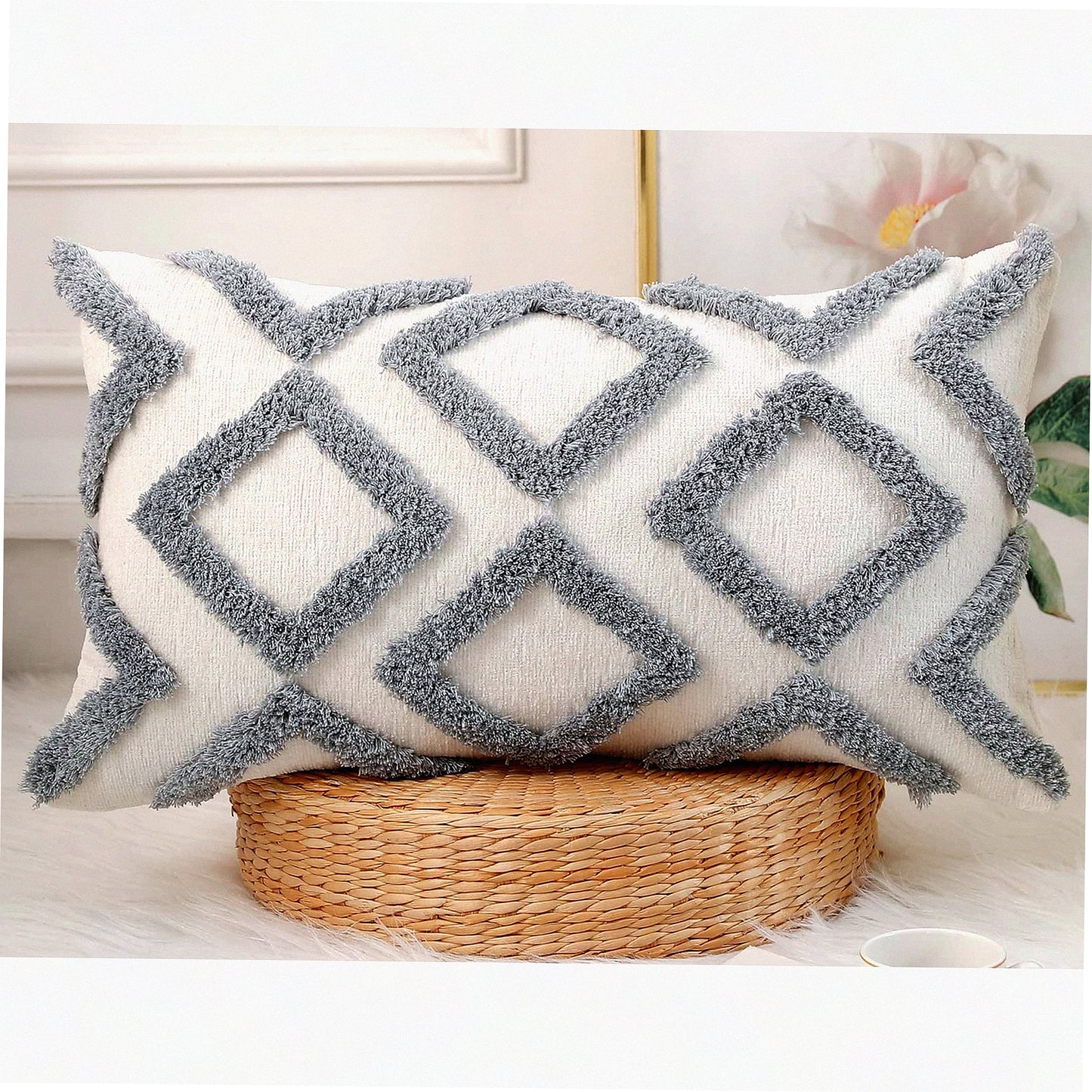 Chenille Diamond Lumbar Pillow Cover - Modern Boho Grey 12x24 - Plush Decorative Cushion Case for Sofa Couch Bed Livingroom Farmhouse