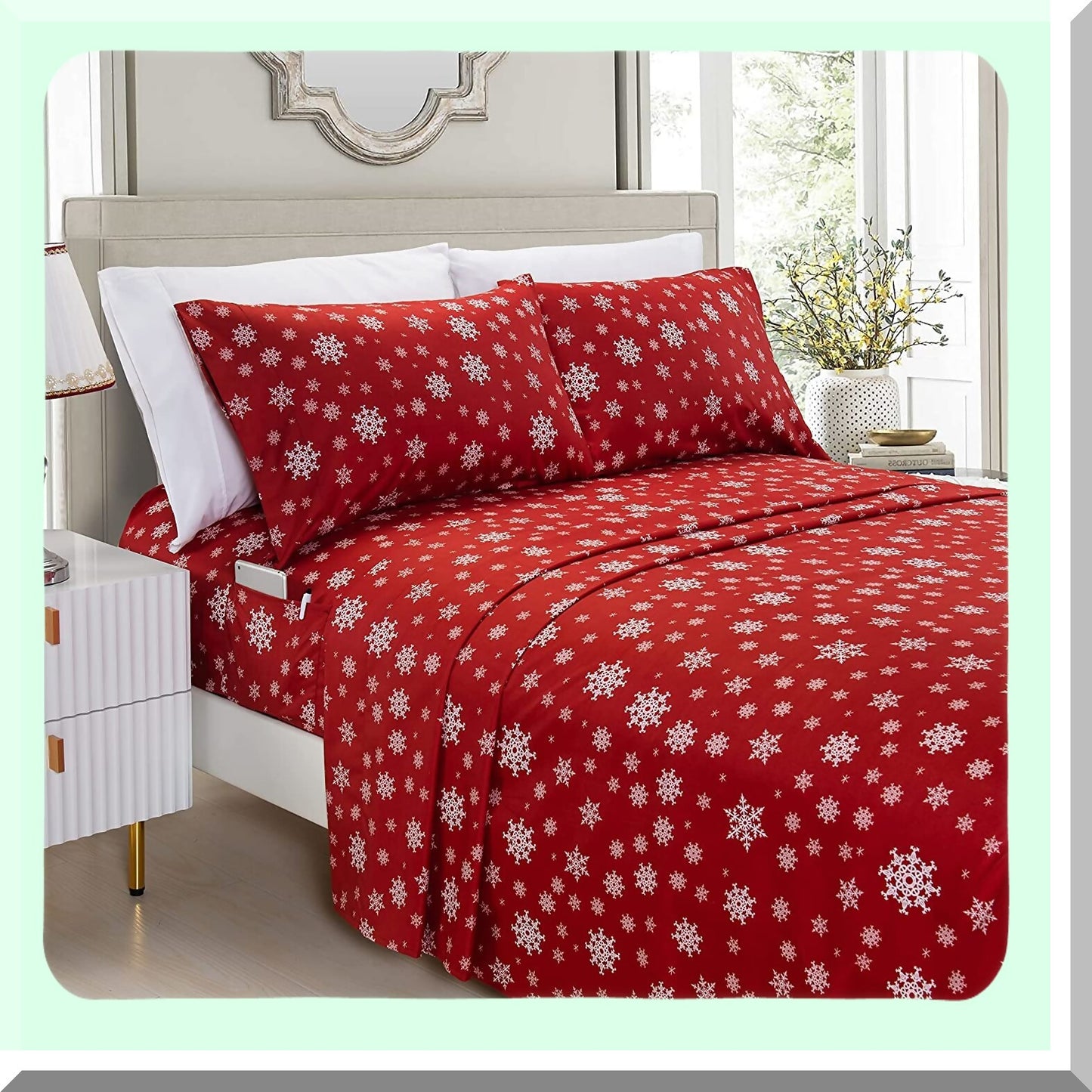 Holiday Bliss 1500 Luxury Microfiber Bedding Set - Cal Snowflake-Burgundy - Softness Wrinkle Fade Resistant - Premium Hotel Quality - 6-Piece