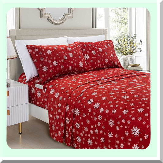 Holiday Bliss 1500 Microfiber Bedding Set Compatible with Cal Snowflake-Burgundy