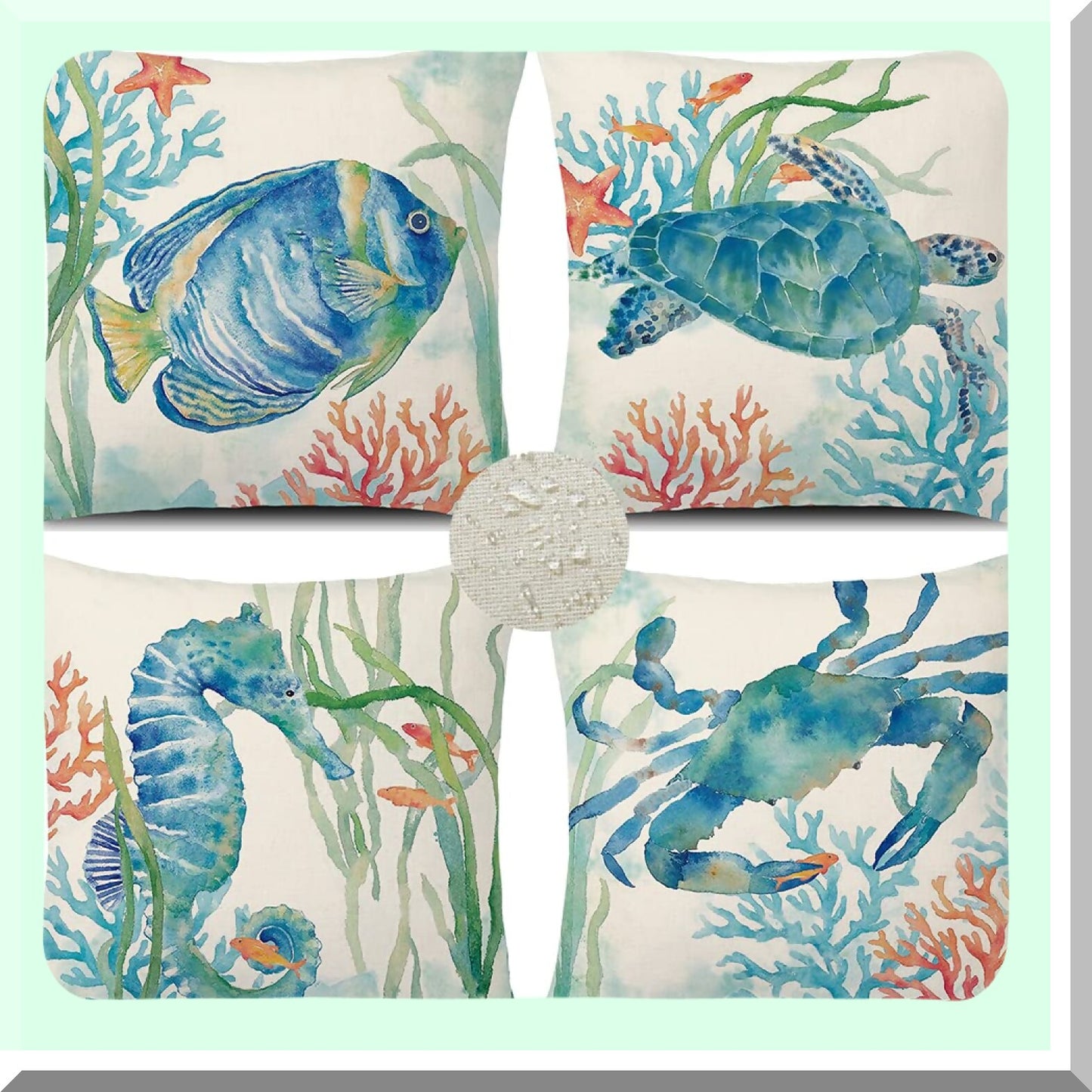 Waterproof Coastal Sea Life Outdoor Pillow Covers - Set of 4, 20x20 Inch Square Cushion Cases for Patio, Couch, Sofa - Turtle, Crab, Seahorse, Fish Theme Decor Pillows for Beach Home
