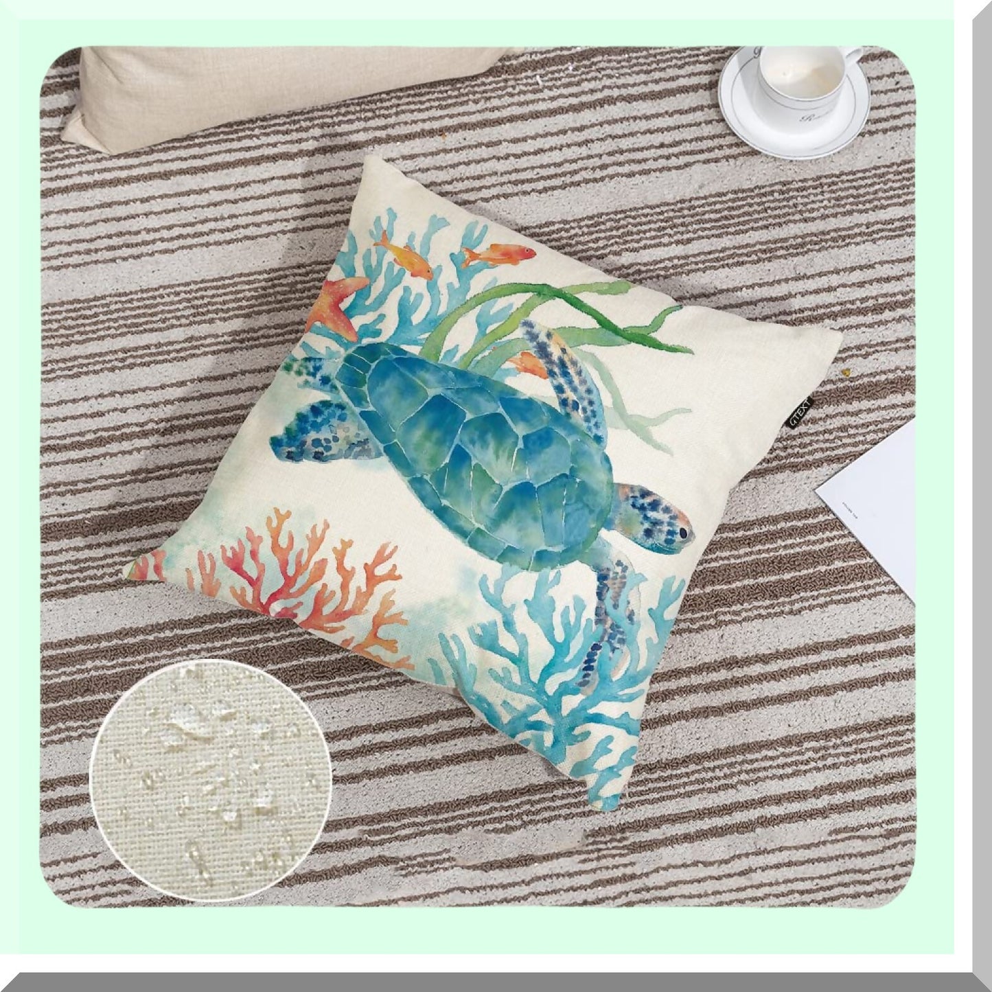 Waterproof Coastal Sea Life Outdoor Pillow Covers - Set of 4, 20x20 Inch Square Cushion Cases for Patio, Couch, Sofa - Turtle, Crab, Seahorse, Fish Theme Decor Pillows for Beach Home