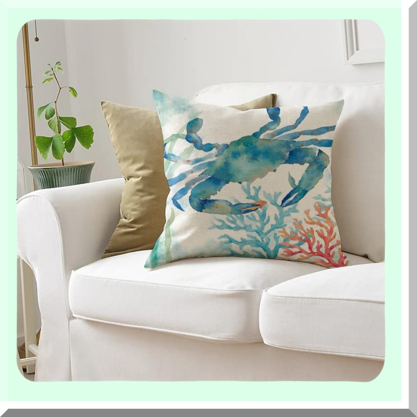 Waterproof Coastal Sea Life Outdoor Pillow Covers - Set of 4, 20x20 Inch Square Cushion Cases for Patio, Couch, Sofa - Turtle, Crab, Seahorse, Fish Theme Decor Pillows for Beach Home