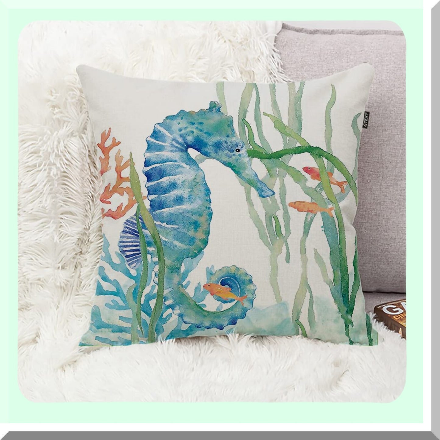 Waterproof Coastal Sea Life Outdoor Pillow Covers - Set of 4, 20x20 Inch Square Cushion Cases for Patio, Couch, Sofa - Turtle, Crab, Seahorse, Fish Theme Decor Pillows for Beach Home