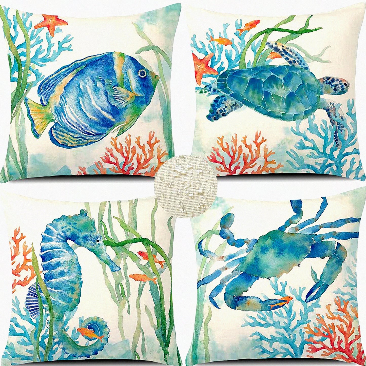 Waterproof Coastal Sea Life Outdoor Pillow Covers - Set of 4, 20x20 Inch Square Cushion Cases for Patio, Couch, Sofa - Turtle, Crab, Seahorse, Fish Theme Decor Pillows for Beach Home