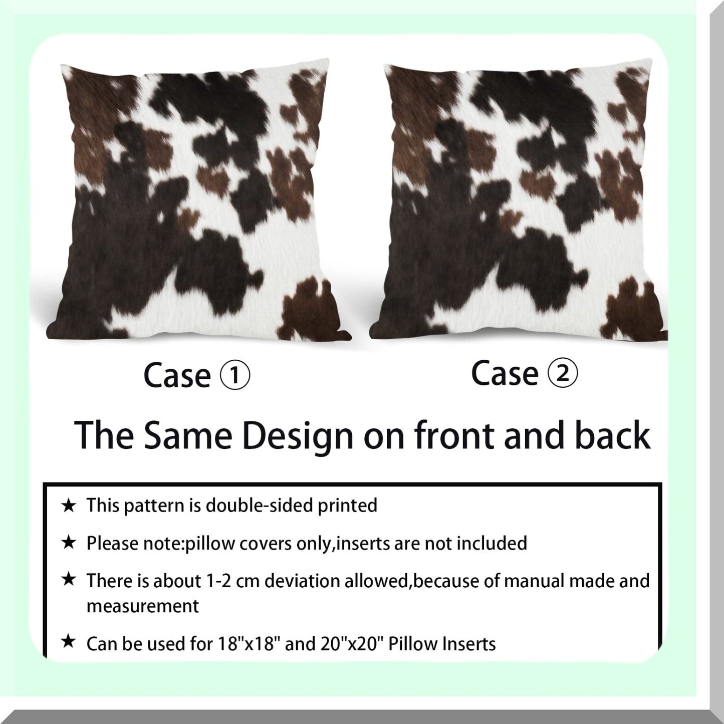 Cowhide Farmhouse Pillow Set - Western Cow Print Pillow Covers 18x18 Inch in Brown, Black, and White - Set of 2 Animal Print Pillow Cases for Home Decor