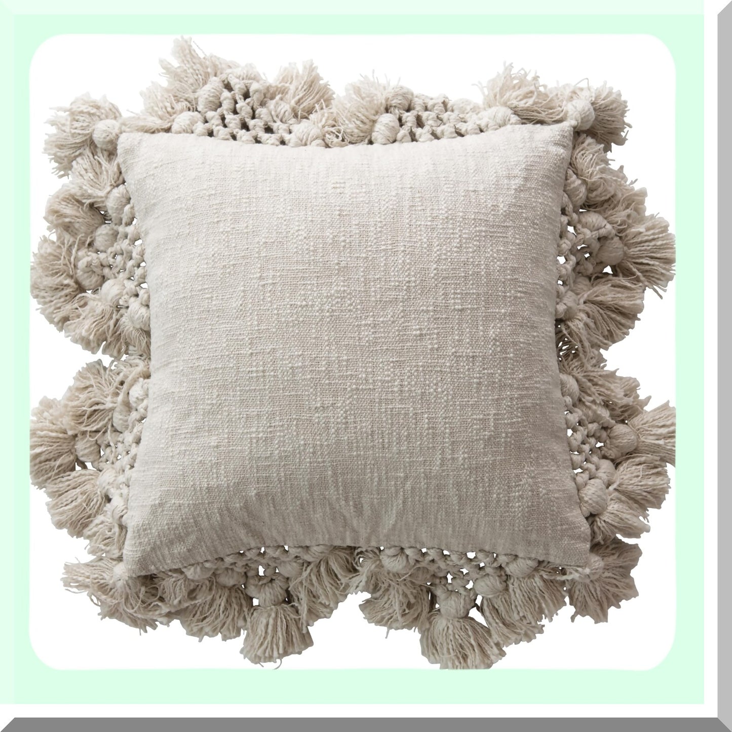 Crochet Comfort Cotton Pillow - Cream, Slub Texture, Tassel Detail, 1 Count Pack, Soft Support for Home Decor, Cozy Accent Piece