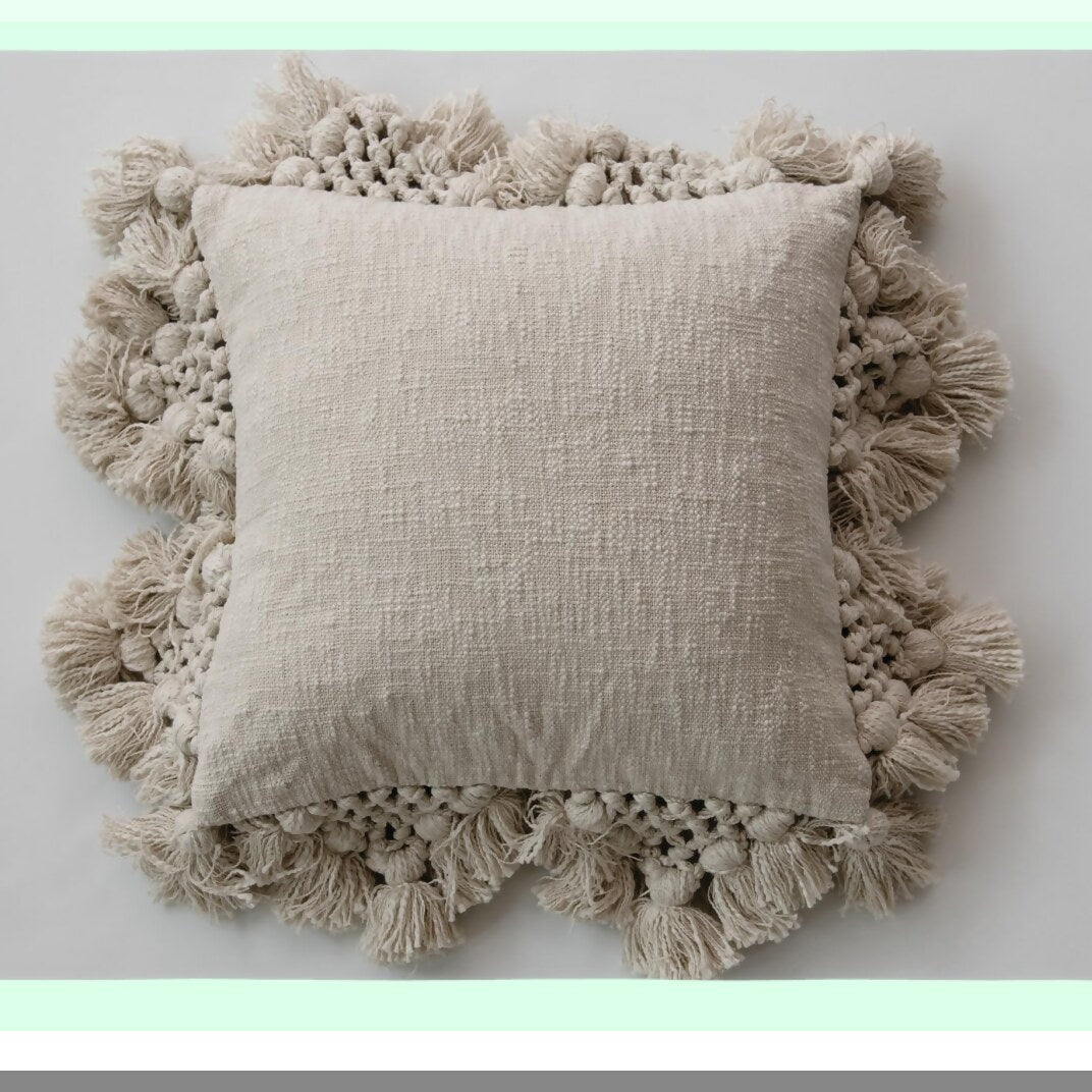 Crochet Comfort Cotton Pillow - Cream, Slub Texture, Tassel Detail, 1 Count Pack, Soft Support for Home Decor, Cozy Accent Piece
