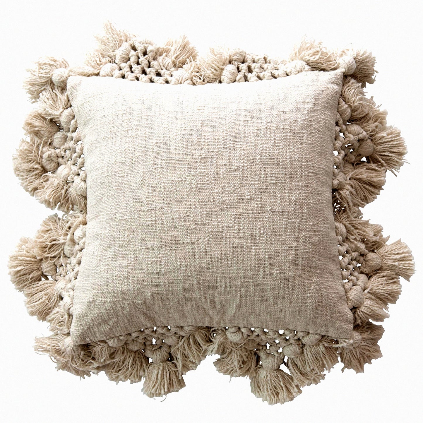 Crochet Comfort Cotton Pillow - Cream, Slub Texture, Tassel Detail, 1 Count Pack, Soft Support for Home Decor, Cozy Accent Piece