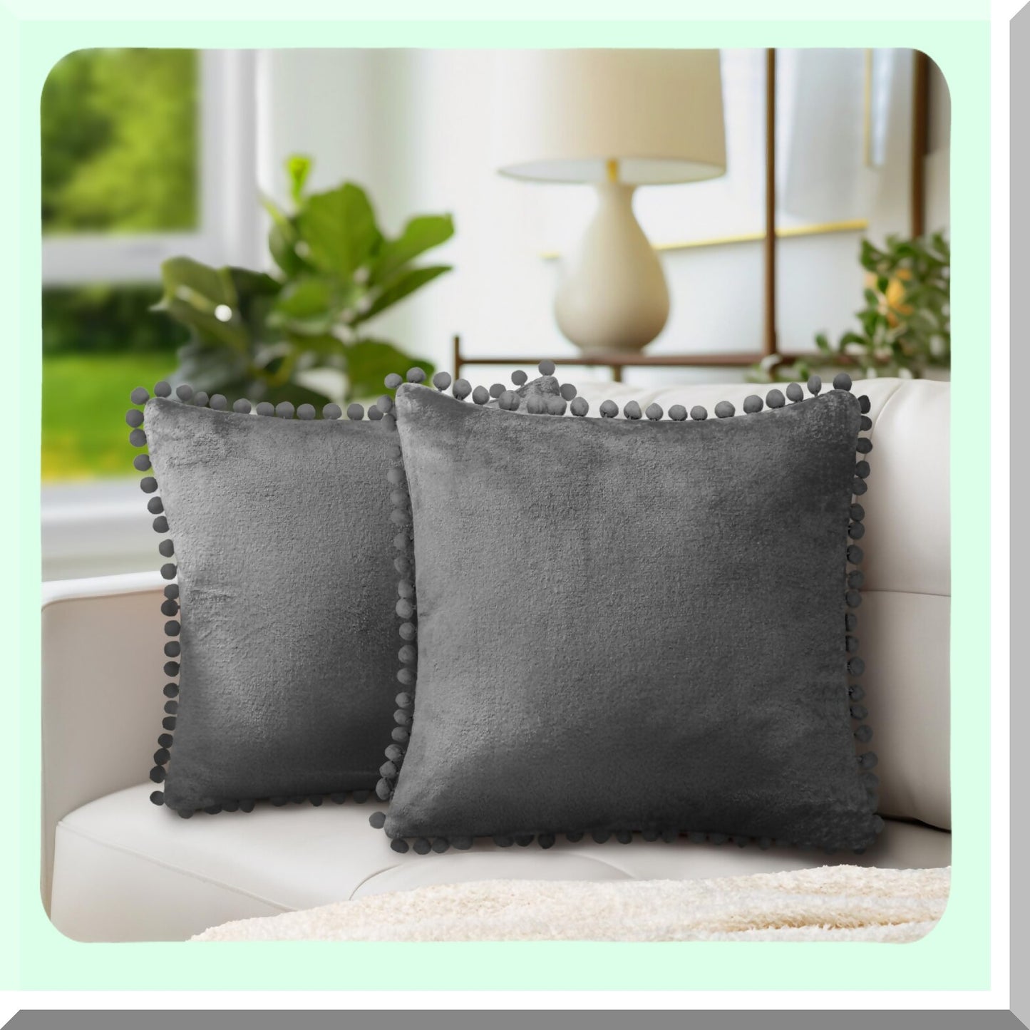 Boho Chic Velvet Pom Pom Pillow Covers - Set of 2 Dark Gray 18x18 Decorative Cushion Cases for Bed, Sofa, Couch - Aesthetic Accent Decor for Bedroom, Living Room - Square Euro Sham with Pompom