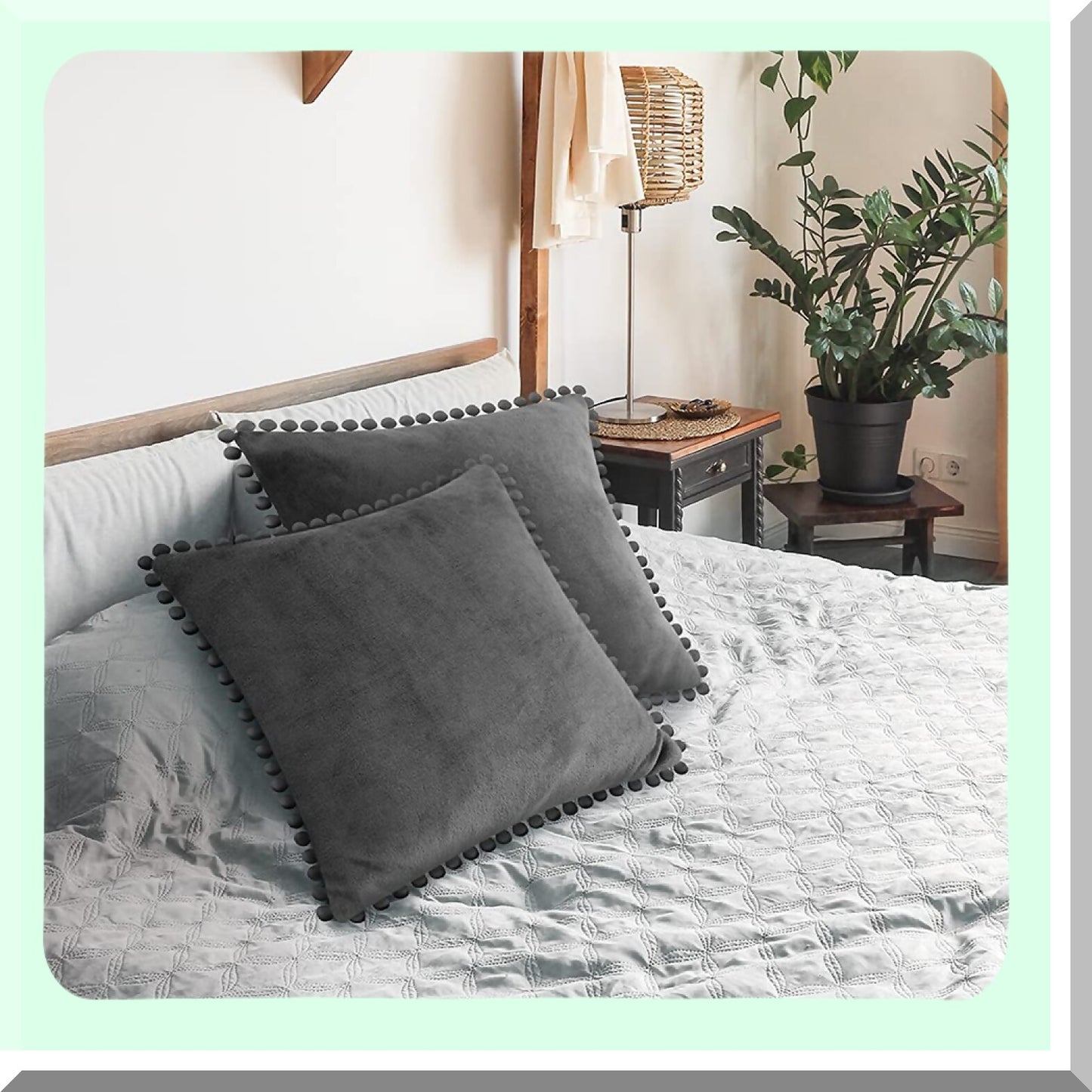 Boho Chic Velvet Pom Pom Pillow Covers - Set of 2 Dark Gray 18x18 Decorative Cushion Cases for Bed, Sofa, Couch - Aesthetic Accent Decor for Bedroom, Living Room - Square Euro Sham with Pompom
