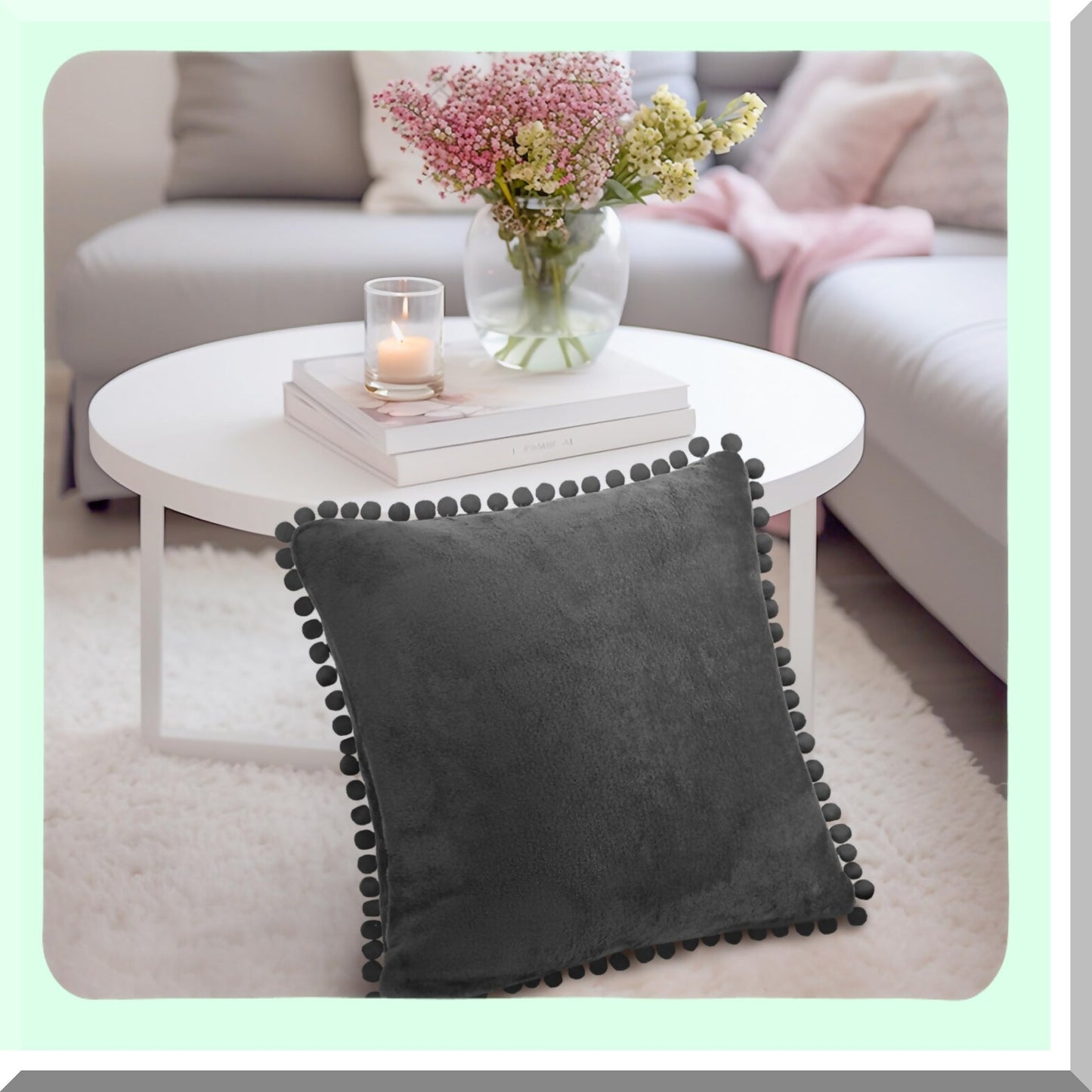 Boho Chic Velvet Pom Pom Pillow Covers - Set of 2 Dark Gray 18x18 Decorative Cushion Cases for Bed, Sofa, Couch - Aesthetic Accent Decor for Bedroom, Living Room - Square Euro Sham with Pompom