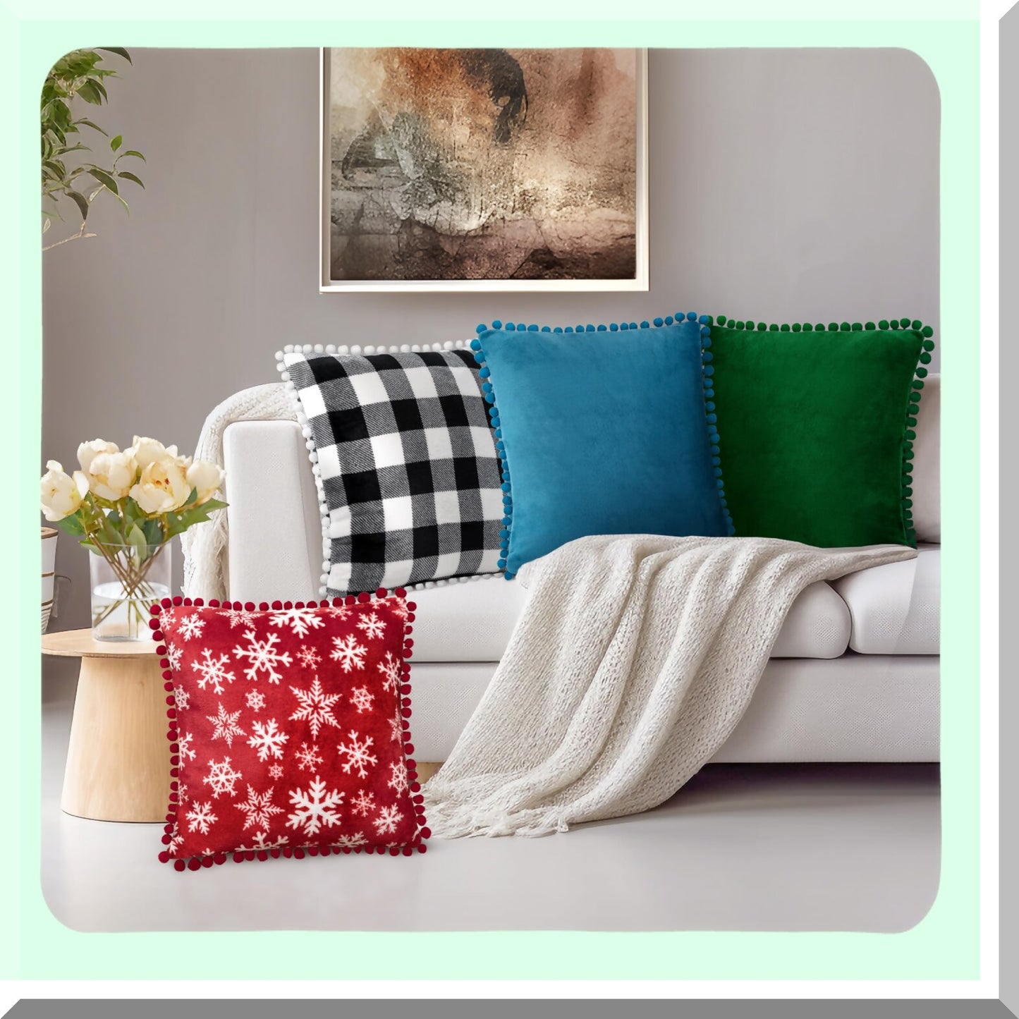 Boho Chic Velvet Pom Pom Pillow Covers - Set of 2 Dark Gray 18x18 Decorative Cushion Cases for Bed, Sofa, Couch - Aesthetic Accent Decor for Bedroom, Living Room - Square Euro Sham with Pompom