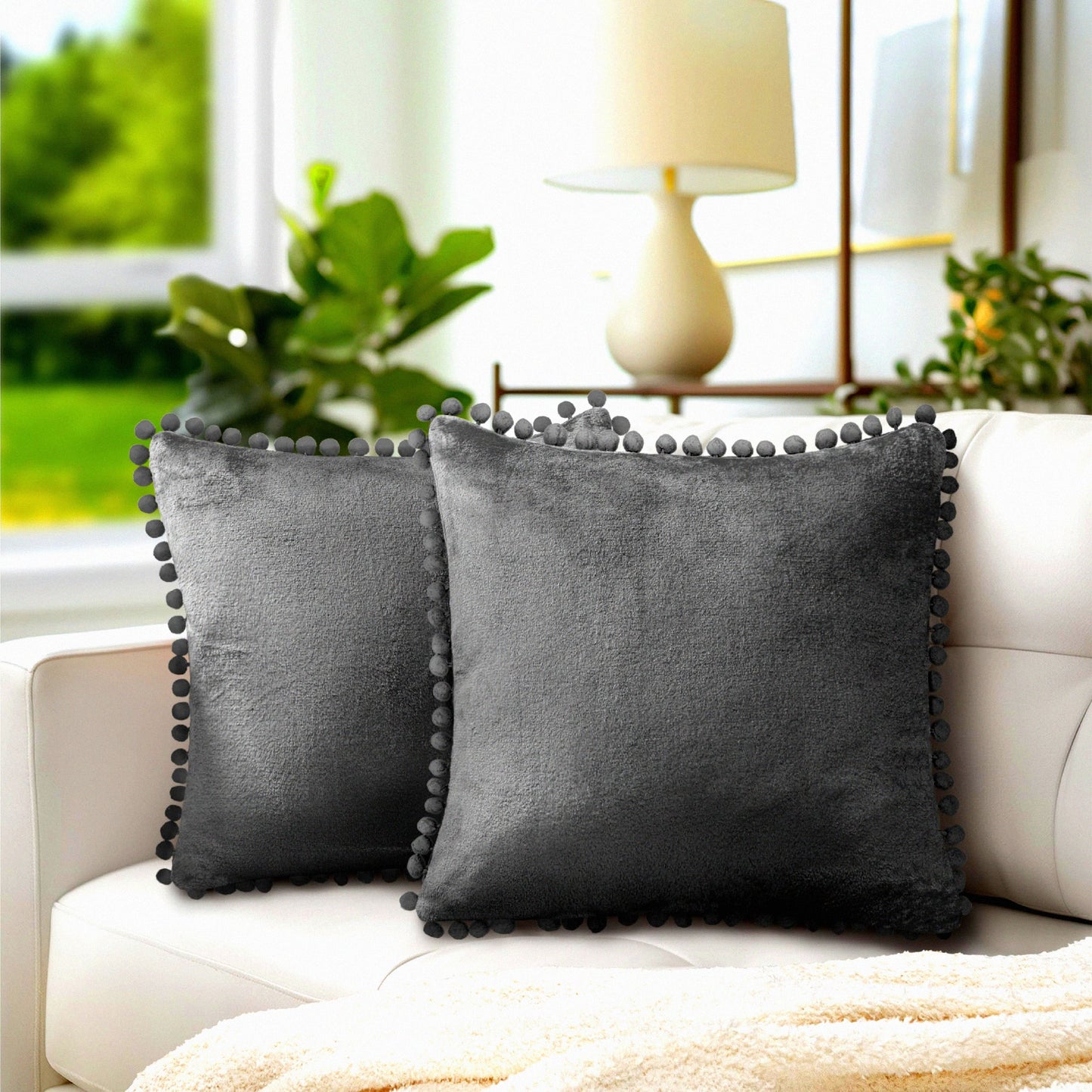 Boho Chic Velvet Pom Pom Pillow Covers - Set of 2 Dark Gray 18x18 Decorative Cushion Cases for Bed, Sofa, Couch - Aesthetic Accent Decor for Bedroom, Living Room - Square Euro Sham with Pompom