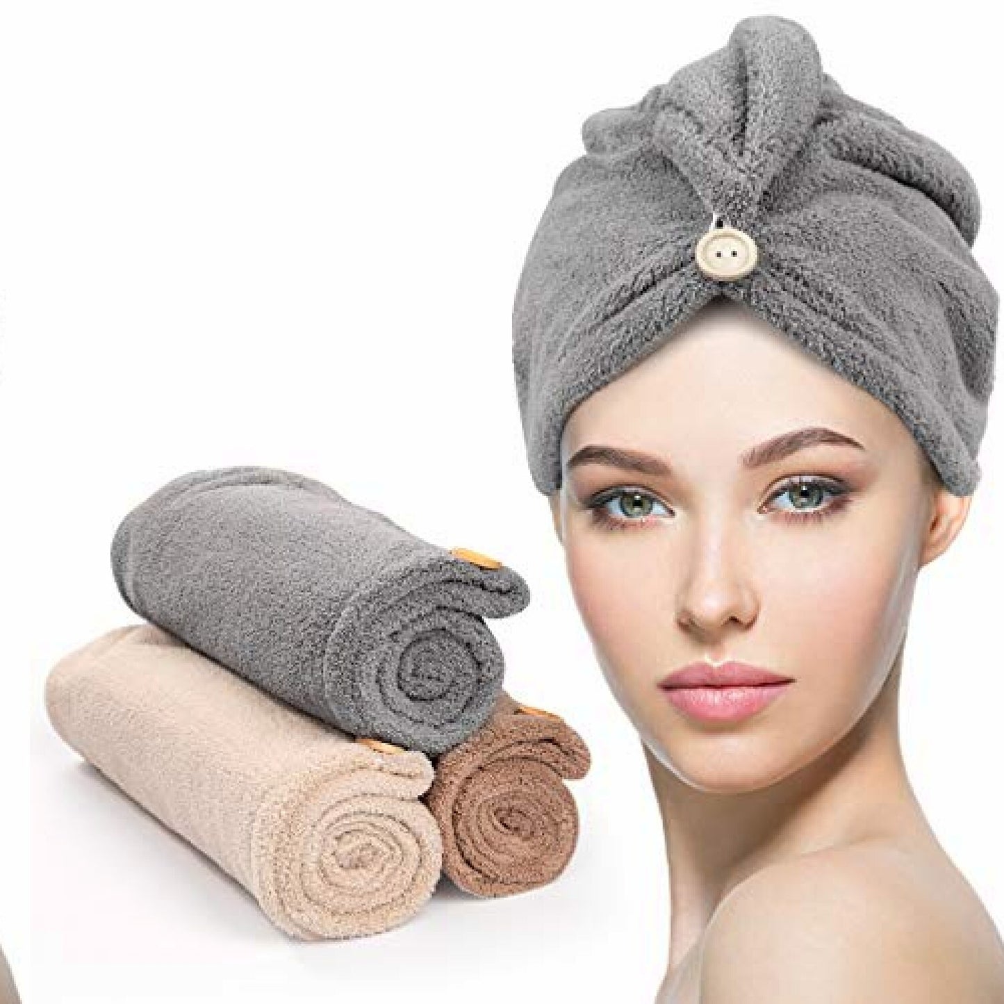 Microfiber Hair Towel 3 Pack with Button