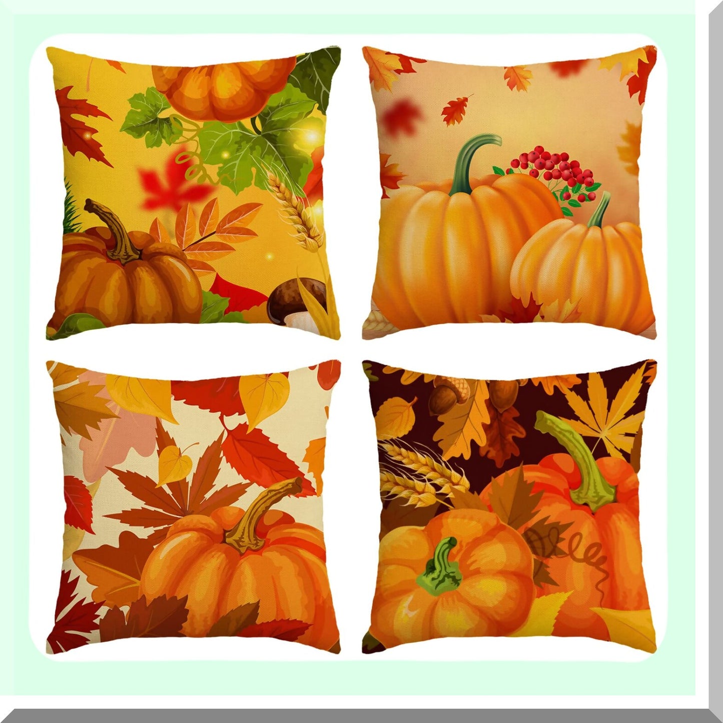 Autumn Harvest Pillow Covers - Set of 4 12x12 Inch Fall Thanksgiving Pumpkins & Leaves Throw Pillow Cases for Outdoor Sofa & Couch Decor