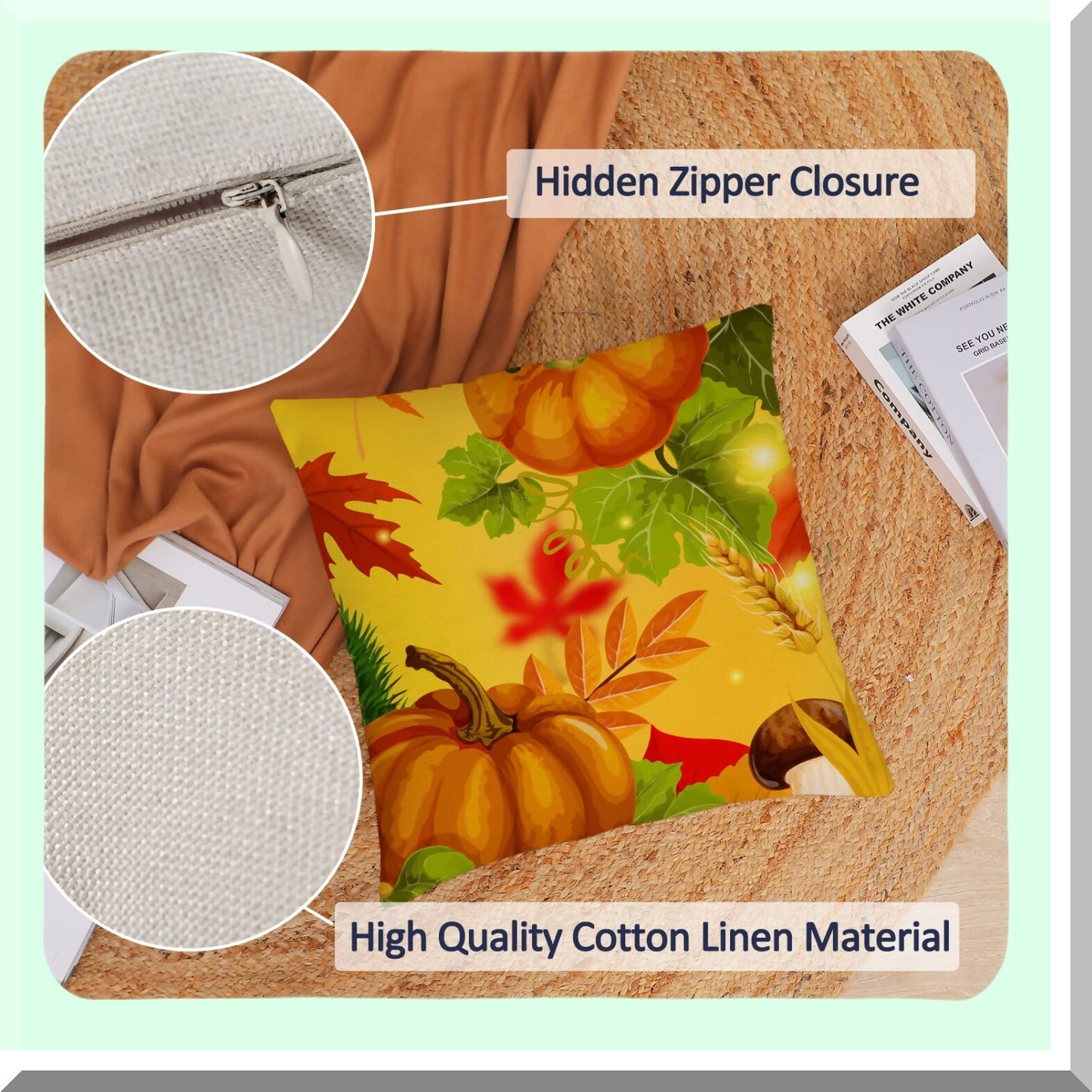 Autumn Harvest Pillow Covers - Set of 4 12x12 Inch Fall Thanksgiving Pumpkins & Leaves Throw Pillow Cases for Outdoor Sofa & Couch Decor