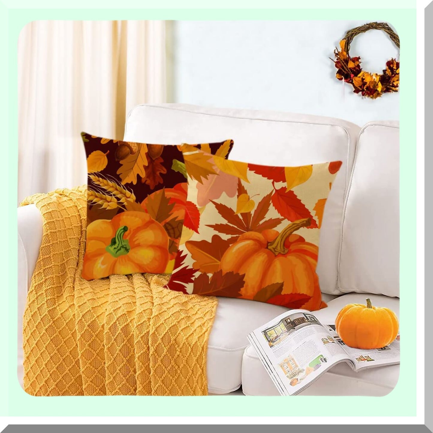 Autumn Harvest Pillow Covers - Set of 4 12x12 Inch Fall Thanksgiving Pumpkins & Leaves Throw Pillow Cases for Outdoor Sofa & Couch Decor